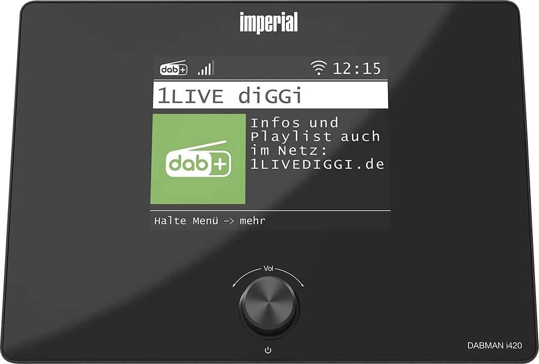 'Imperial' radio display showing '1LIVE diGGi' station, DAB+ logo. Text: 'Infos und Playlist auch im Netz: 1LIVEDIGGI.de'. Time: 12:15.