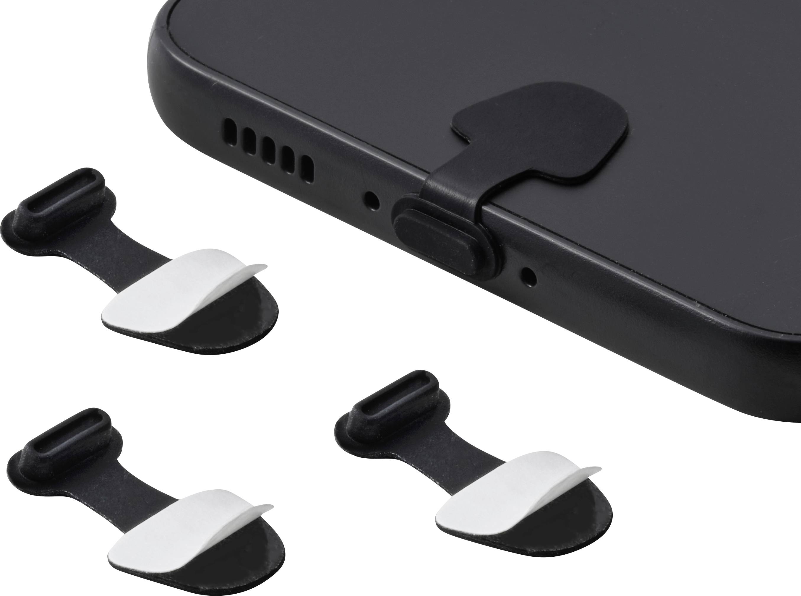 Black phone case with a rotating strap attachment, shown with three interchangeable black-and-silver accessory pieces.