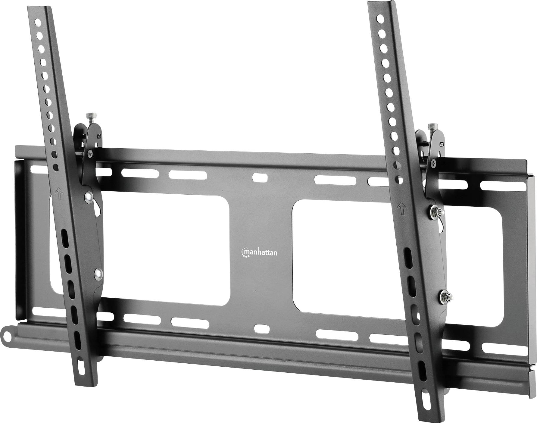 Manhattan TV wall mount with adjustable tilt feature, suitable for flat-screen TVs. Includes pre-drilled holes for installation.
