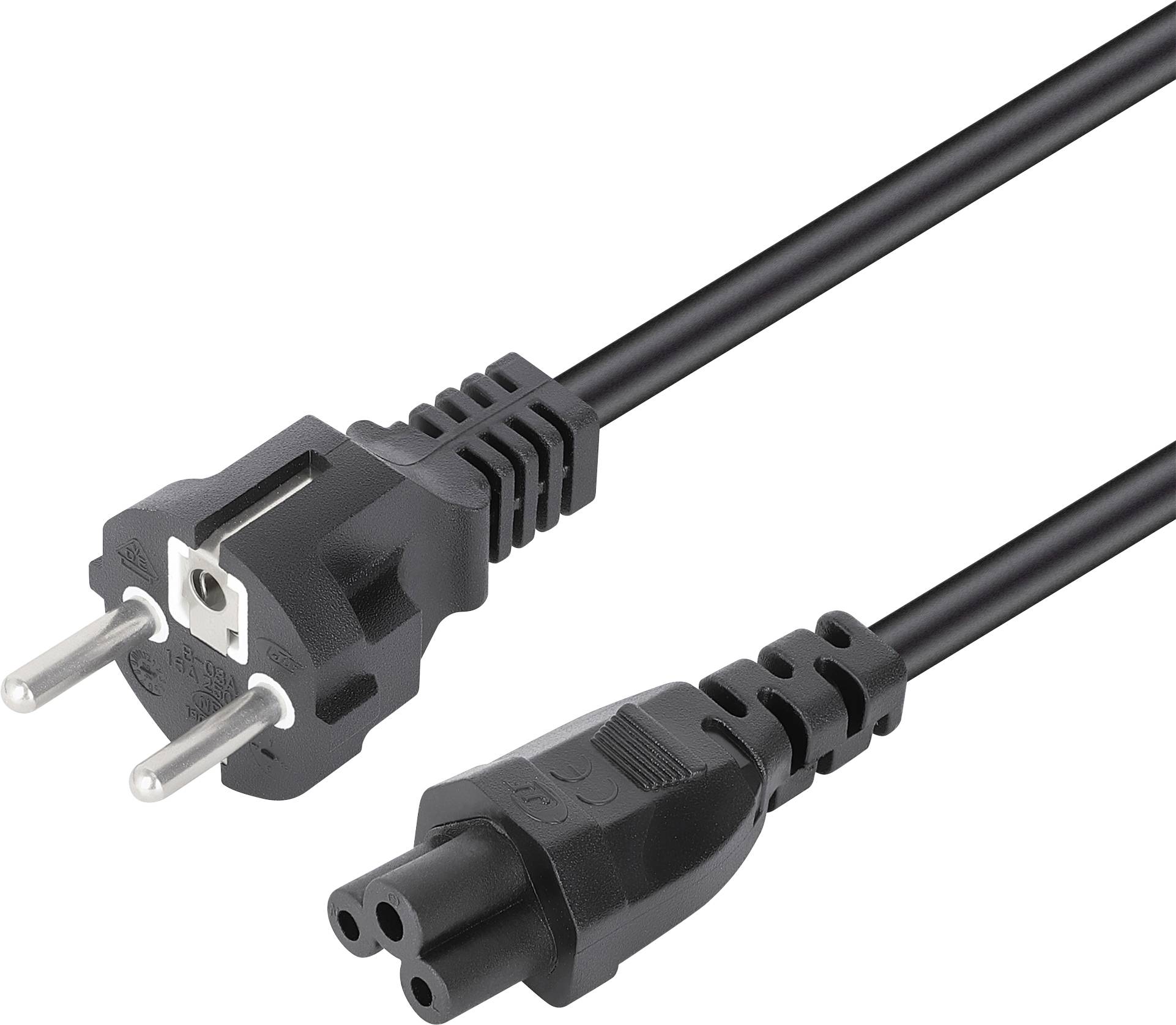 A black power cord with a two-pin European plug on one end and a three-hole IEC connector on the other, used for electrical devices.