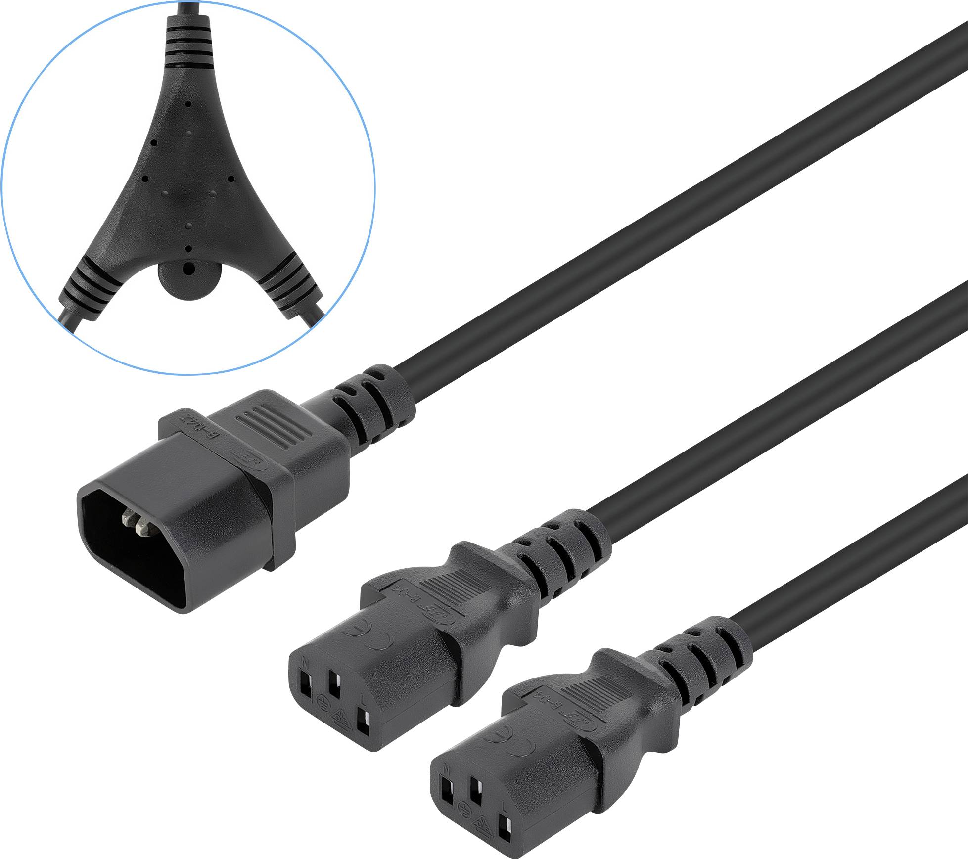 Power splitter cable with one C14 plug and two C13 sockets, shown with a focus on the Y-shape junction for distributing power.