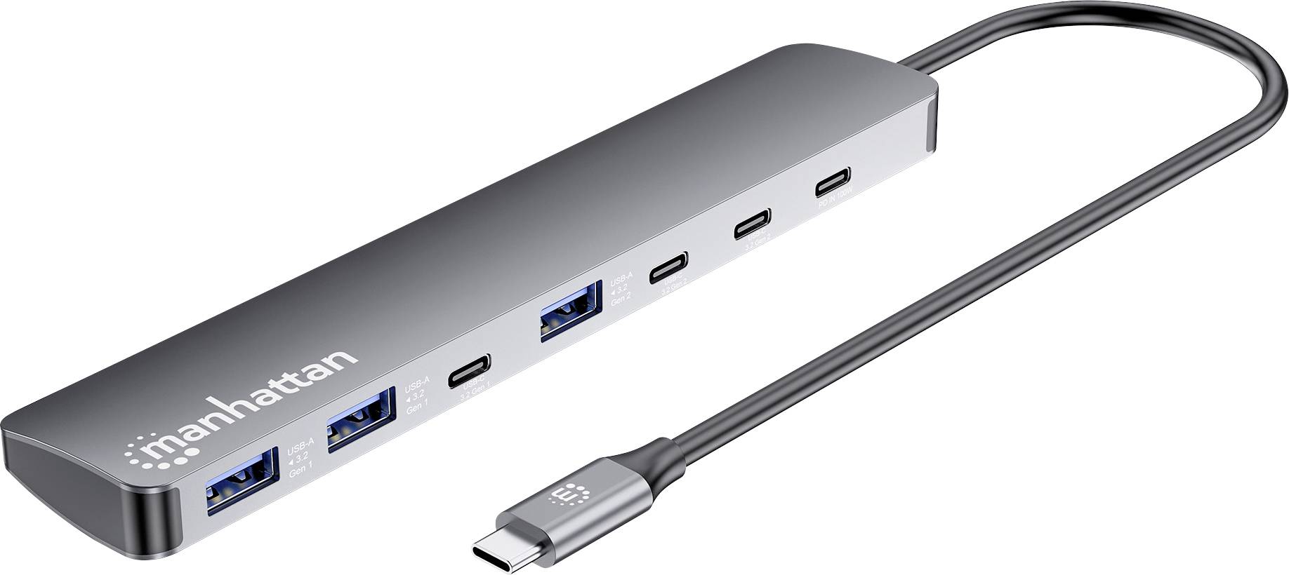 A silver multiple-port USB-C hub by Manhattan with various USB and HDMI ports, featuring a cable for connection.