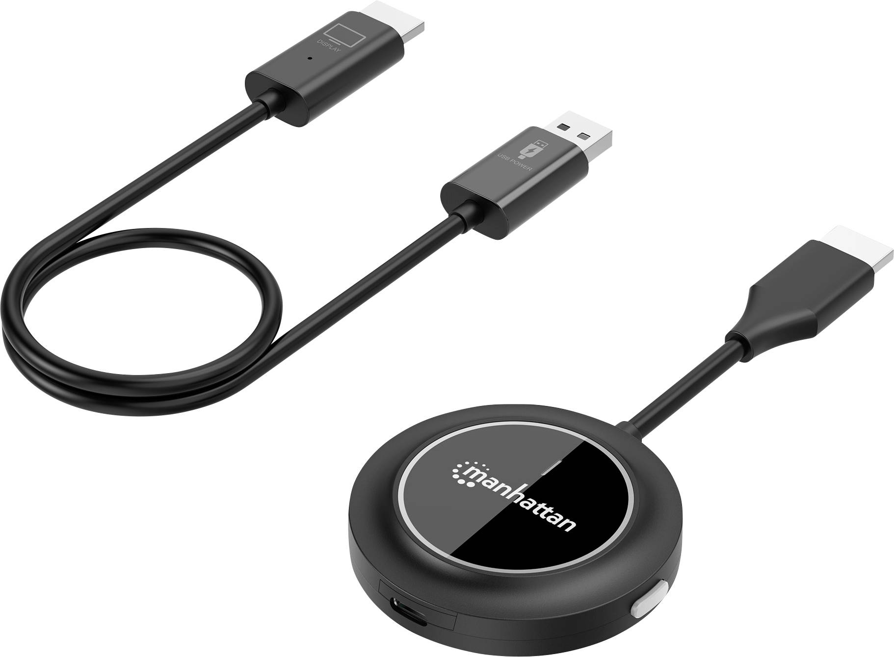 A black wireless presentation device with an HDMI connector, USB power cable, and a main hub labeled 'Manhattan'.