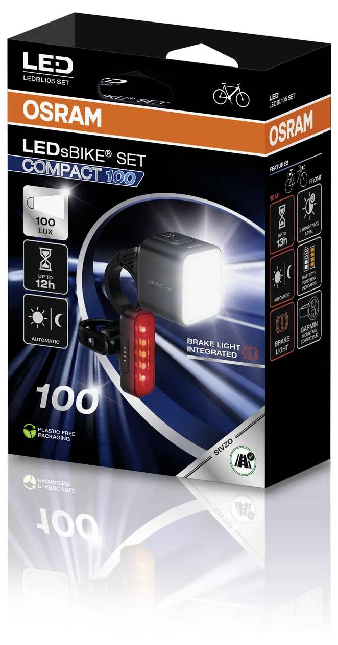 OSRAM LED bike light set, COMPACT 100, with 100 Lux, automatic brake light, and 12-hour runtime.