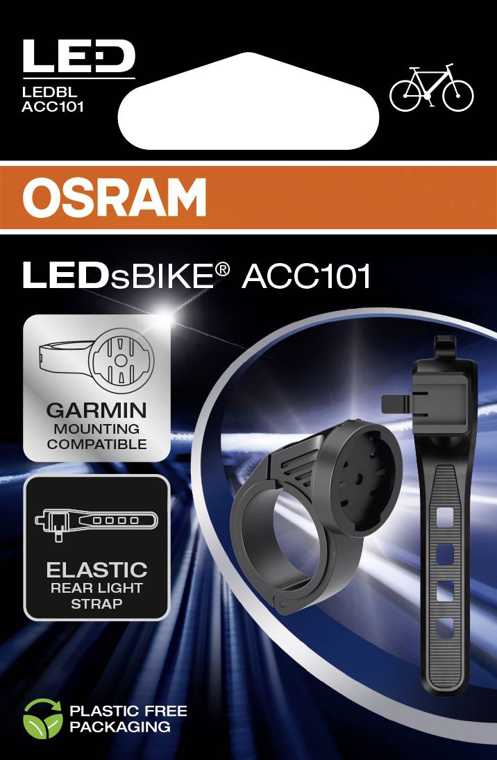 OSRAM LED bike light in package, compatible with Garmin mount, features an elastic rear light strap, plastic-free packaging.
