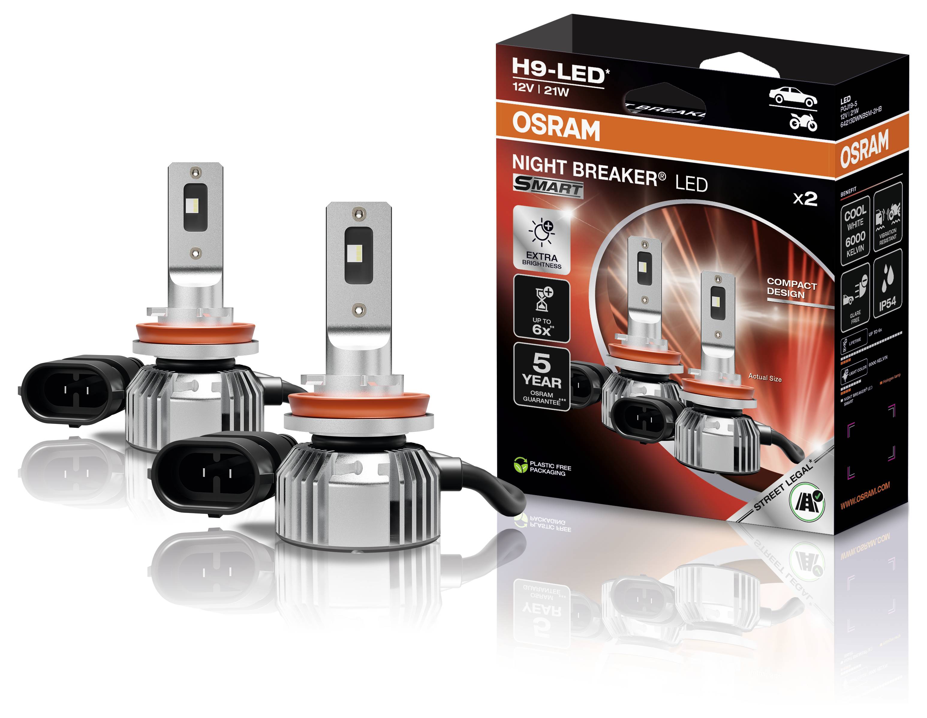 Osram Night Breaker LED bulbs package with two bulbs. Highlights features like cool white light, up to 6x brightness, and 5-year warranty.