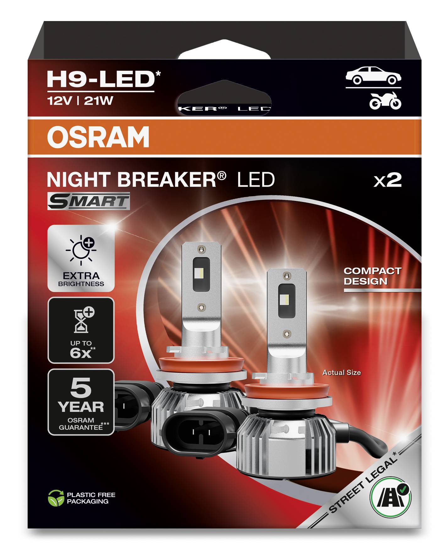 'Osram Night Breaker LED' car headlight bulb packaging. Shows two LED bulbs, highlights features: extra brightness, compact design, 5-year guarantee, street legal.