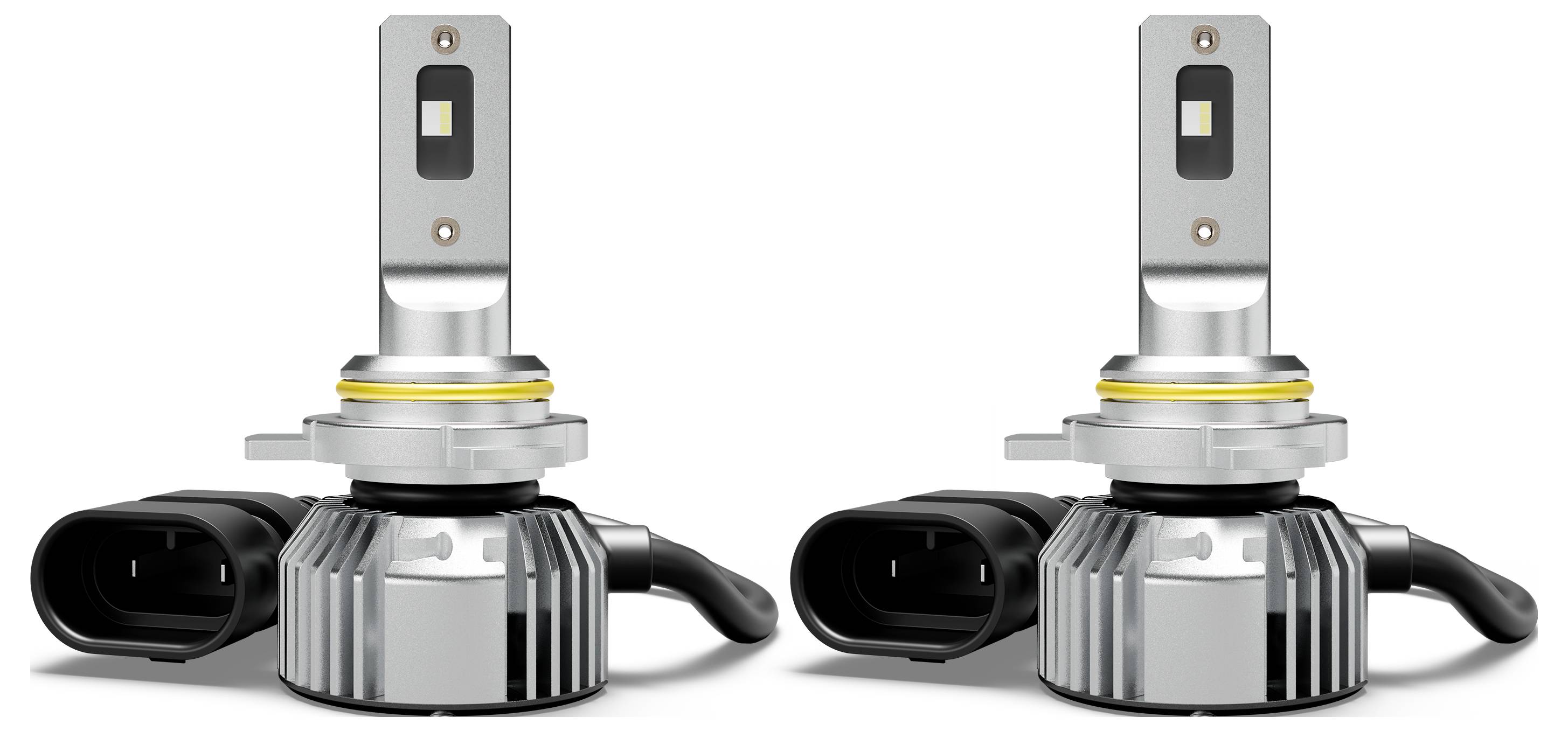 Two LED car headlight bulbs with metal casings and plastic connectors side by side against a white background.