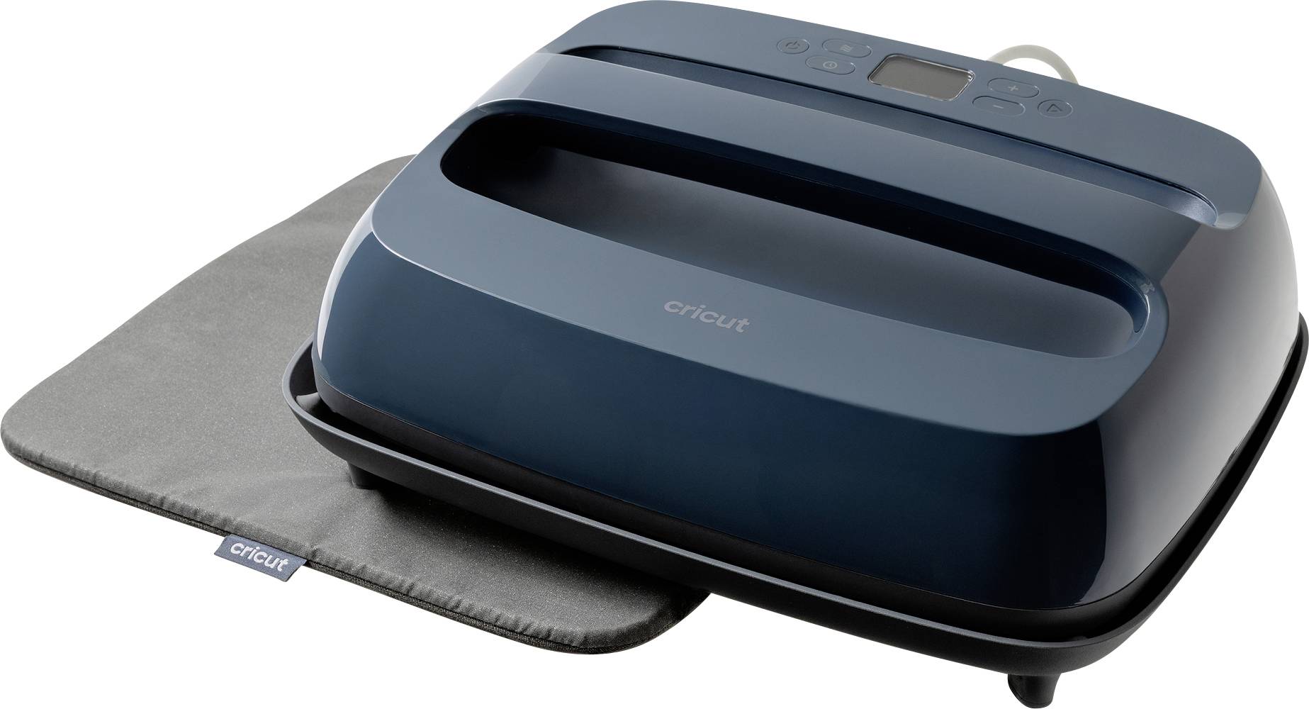 A blue heat press machine on a gray mat, designed for crafting and applying heat transfers to various materials.
