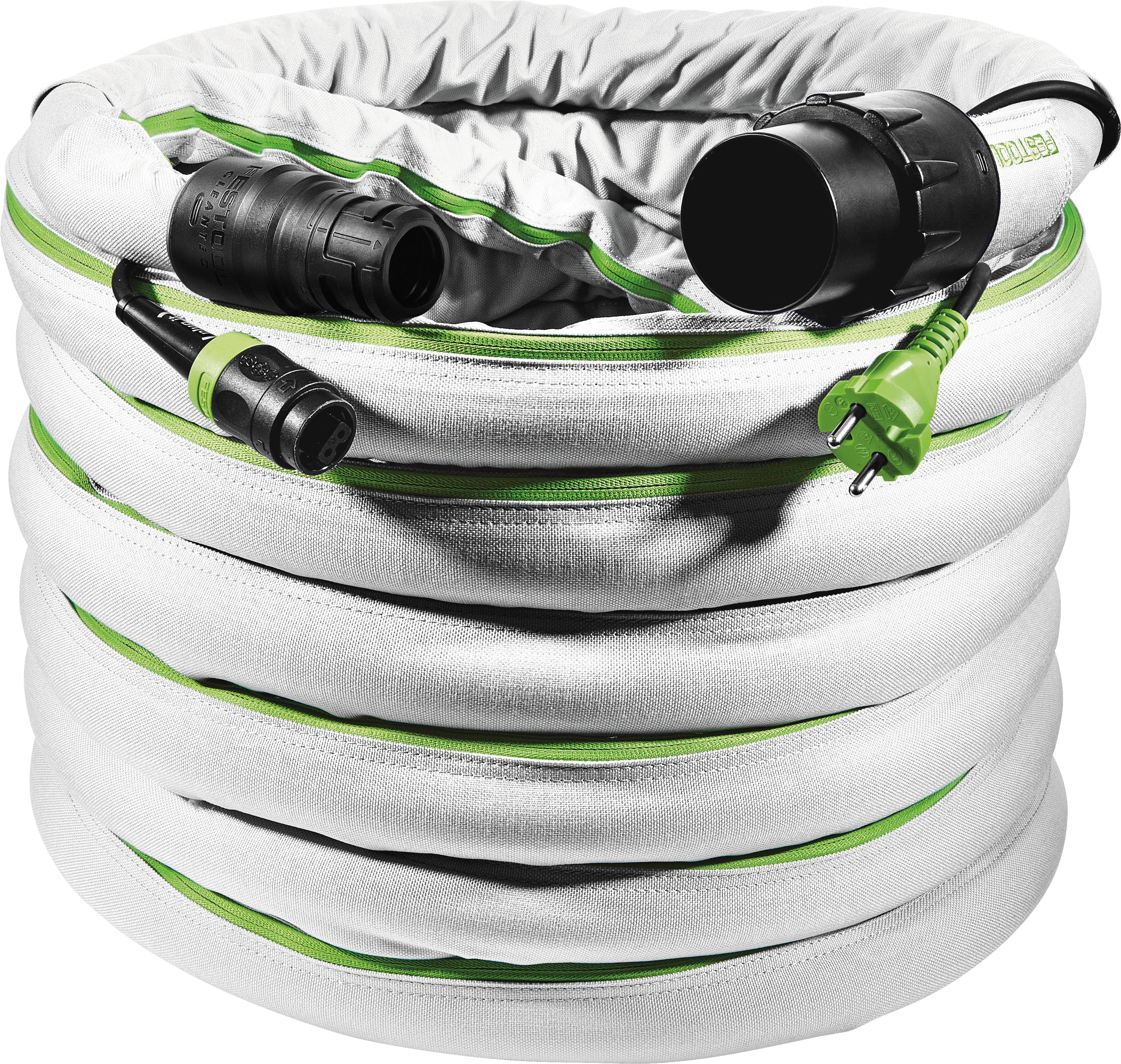 A coiled white expandable hose with green accents and a plug, designed for easy storage and efficient use.