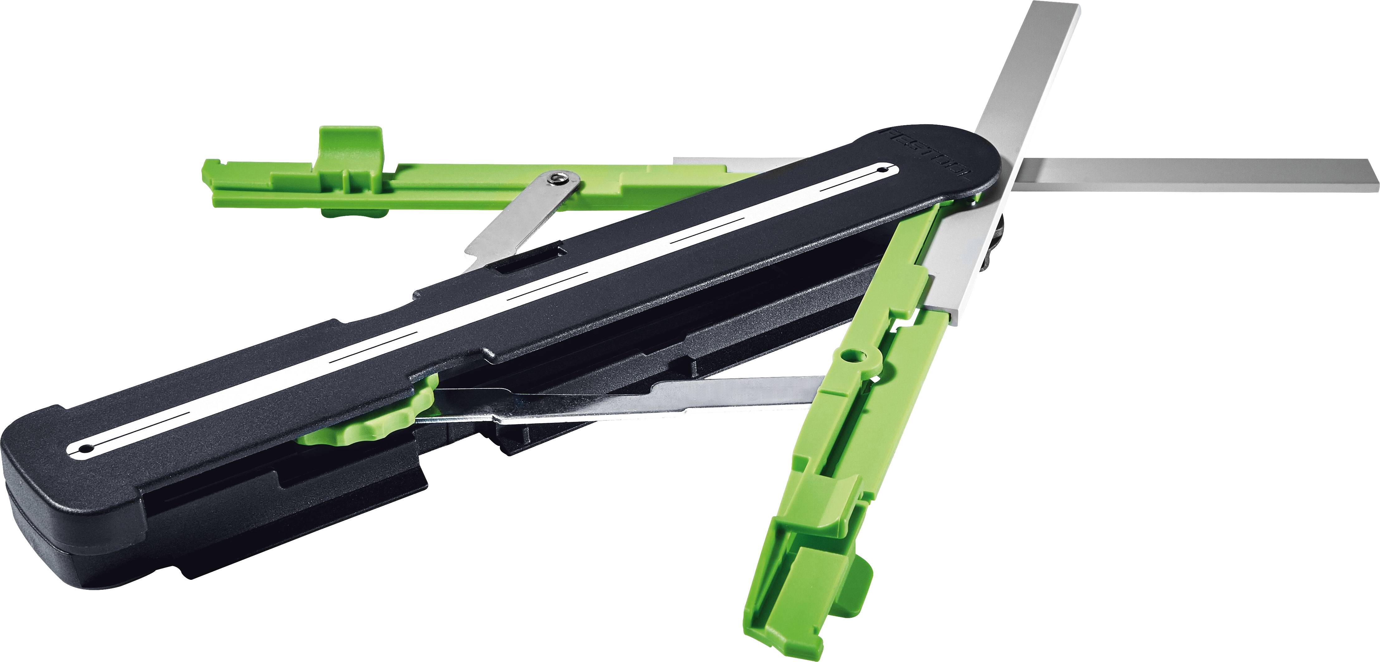 A black and green adjustable tool with a ruler and movable arms for precise measurements and angles.