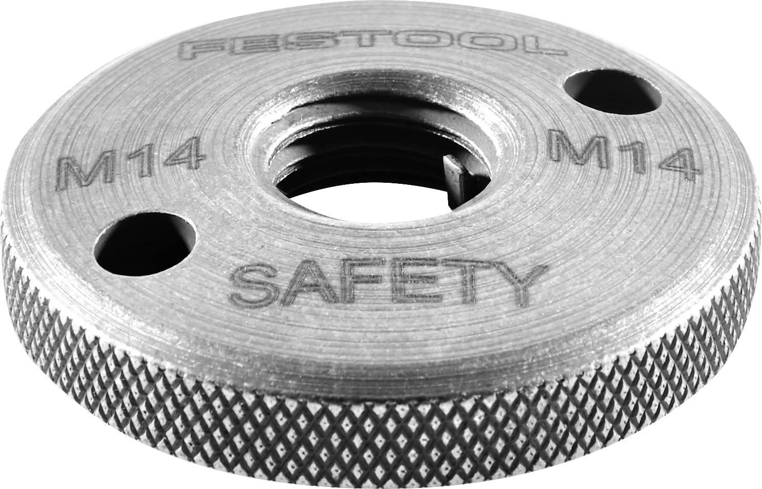 A metal safety flange labeled 'FESTOOL', 'M14', and 'SAFETY', used for secure attachment of tools, with a textured edge for grip.