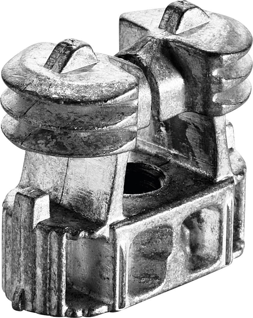 A small, metallic cam lock fitting with screw-like details on top, used to join furniture pieces.