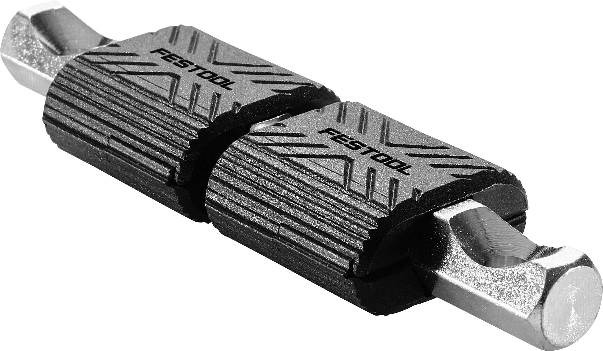 'A double-ended screwdriver bit with black grip labeled 