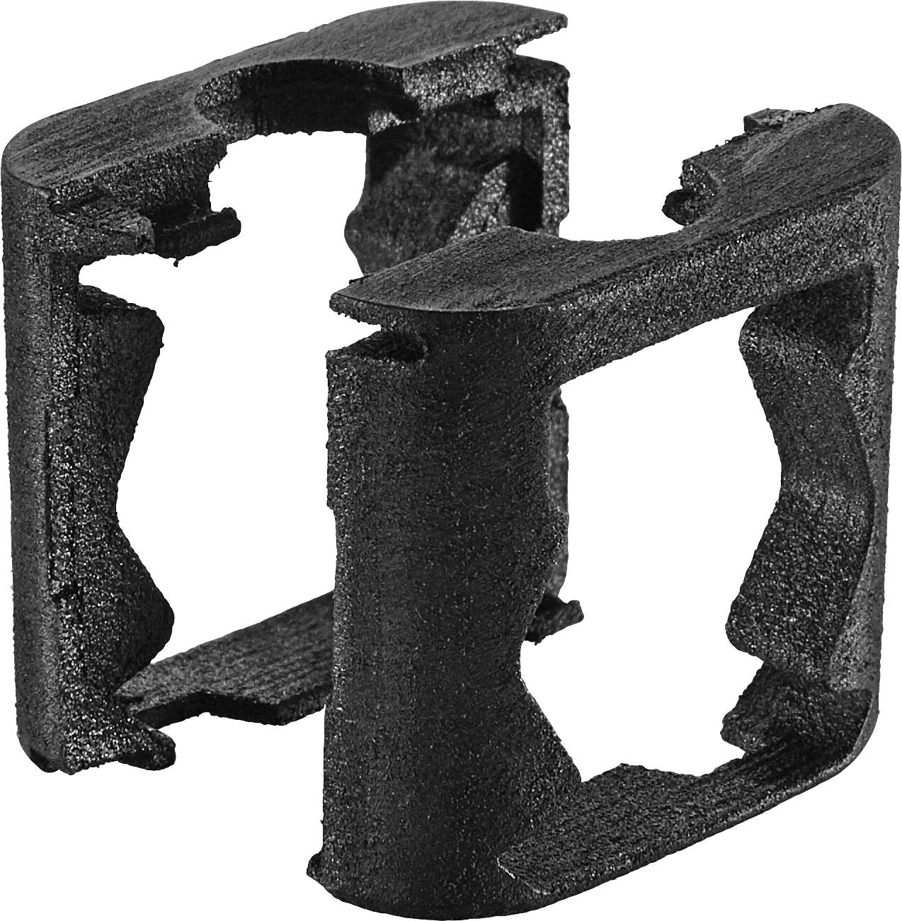 A black, three-dimensional plastic clip with intricate cutouts, designed for fastening or holding objects securely together.