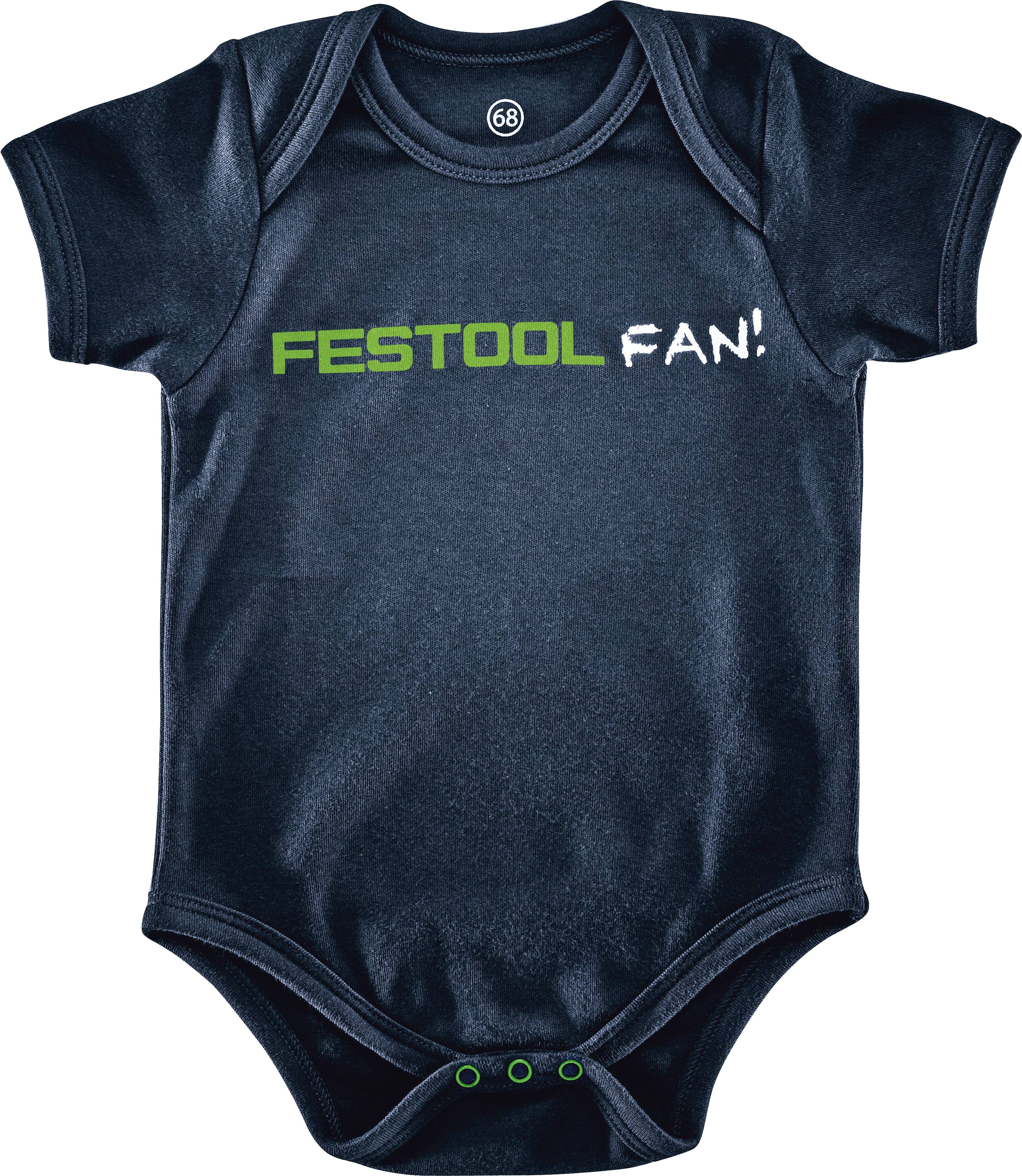 A navy blue baby onesie with the words 'Festool Fan!' in green and white text on the front.