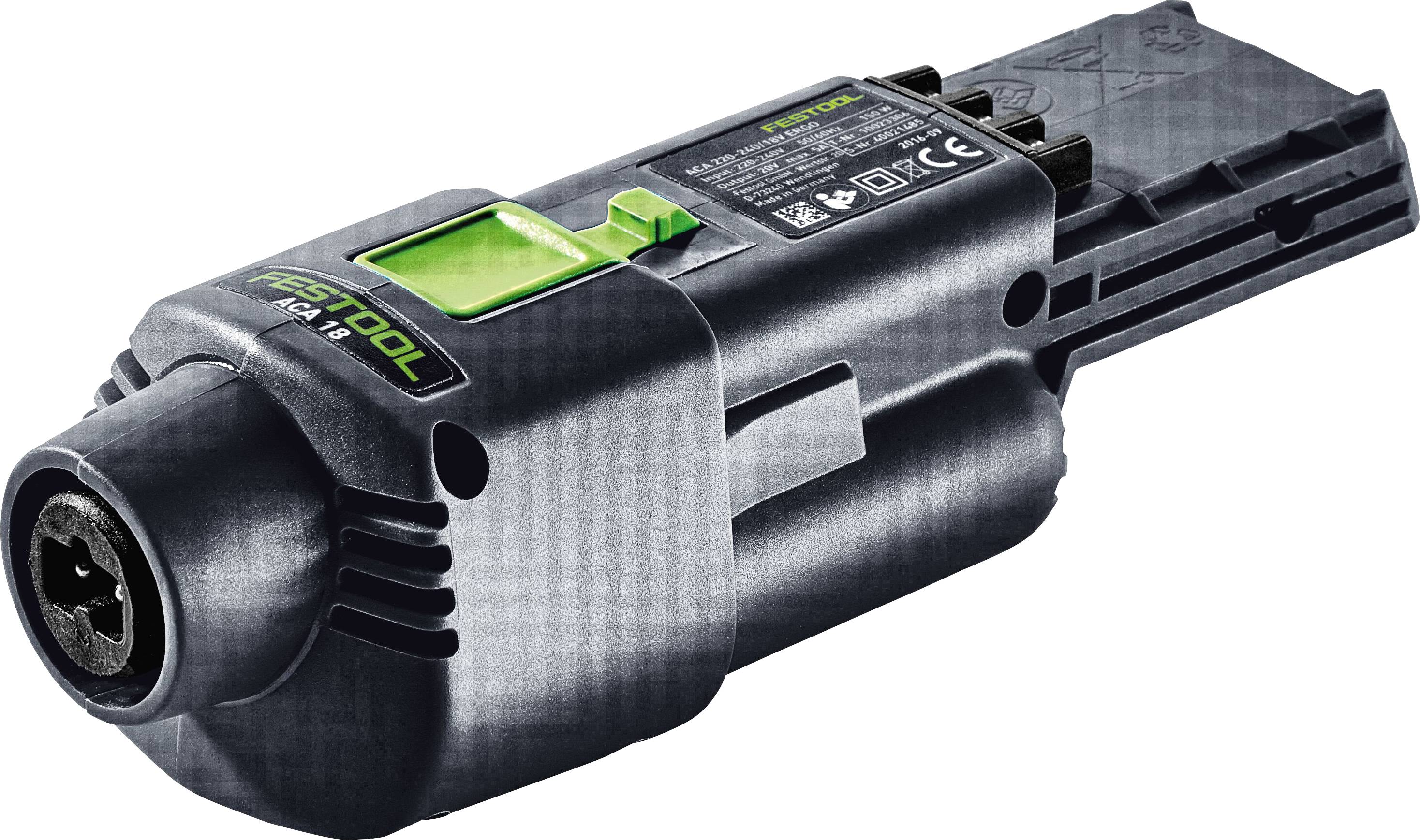 A power tool battery adaptor with a Festool logo, featuring a black and green design.