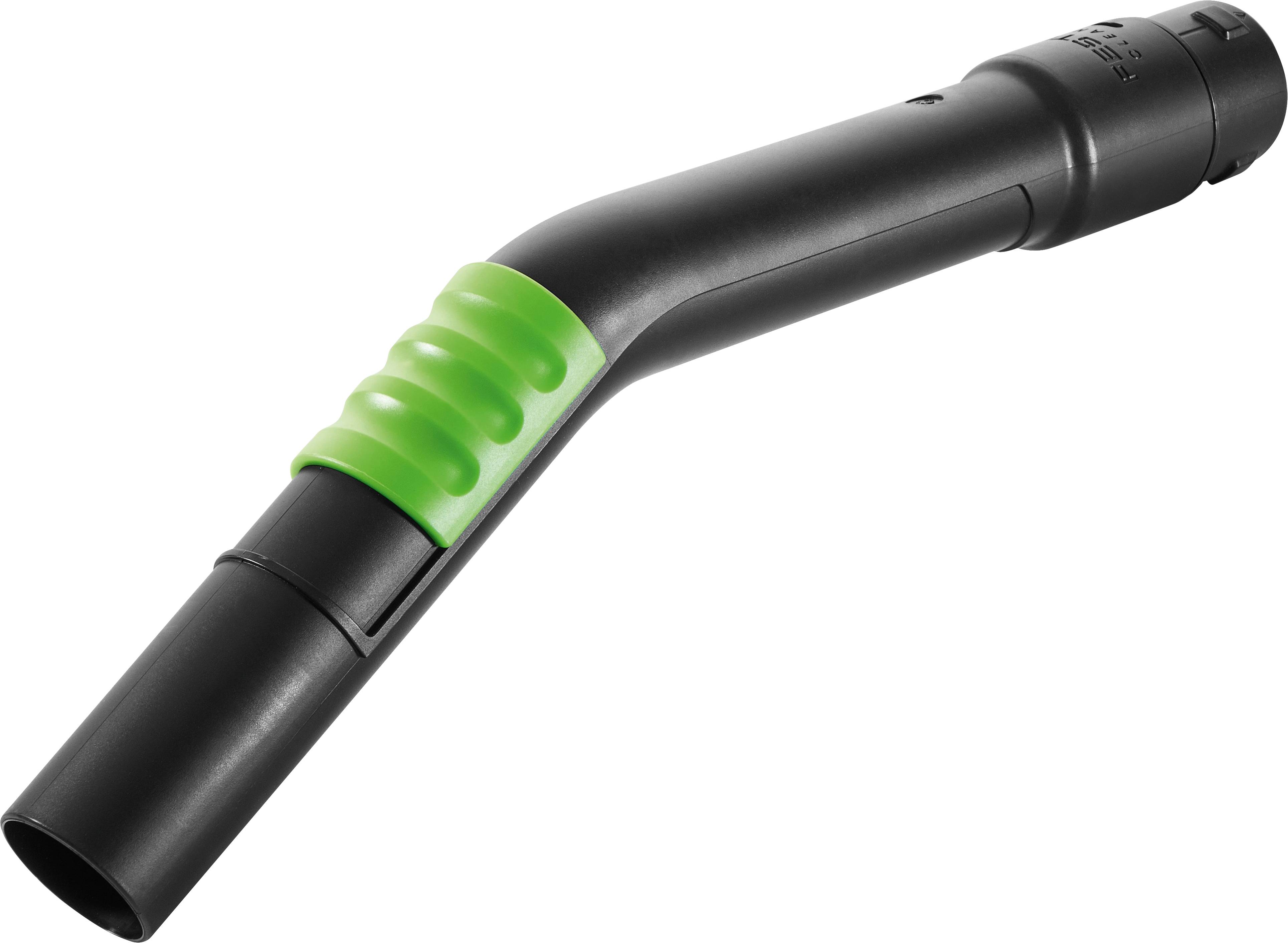 A black vacuum cleaner hose attachment with a green grip, featuring a bent shape for easier maneuverability.