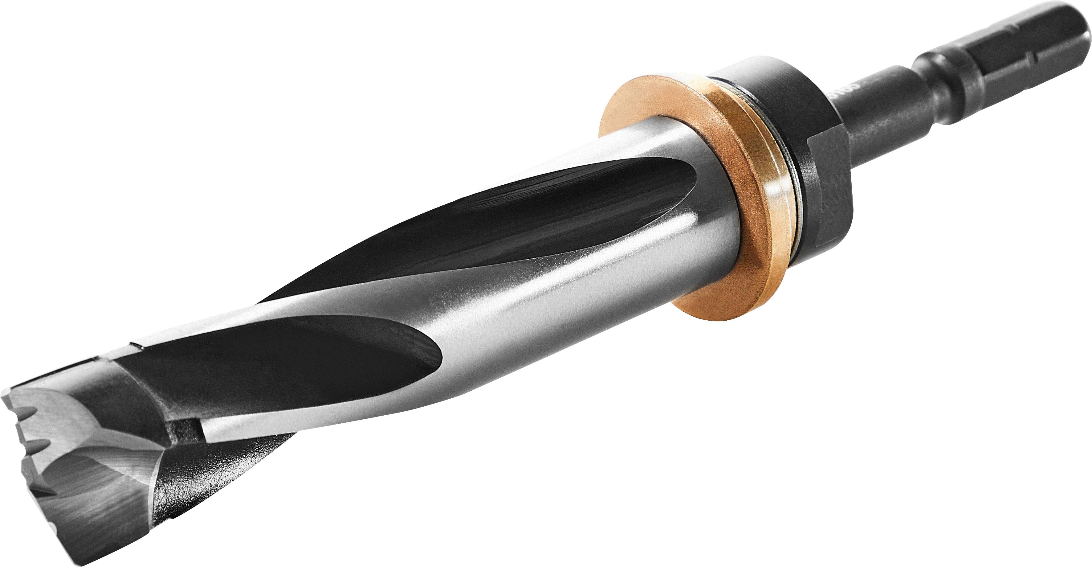 A silver countersink drill bit with a black shank and a brass washer attached, designed for creating conical holes for screw heads.