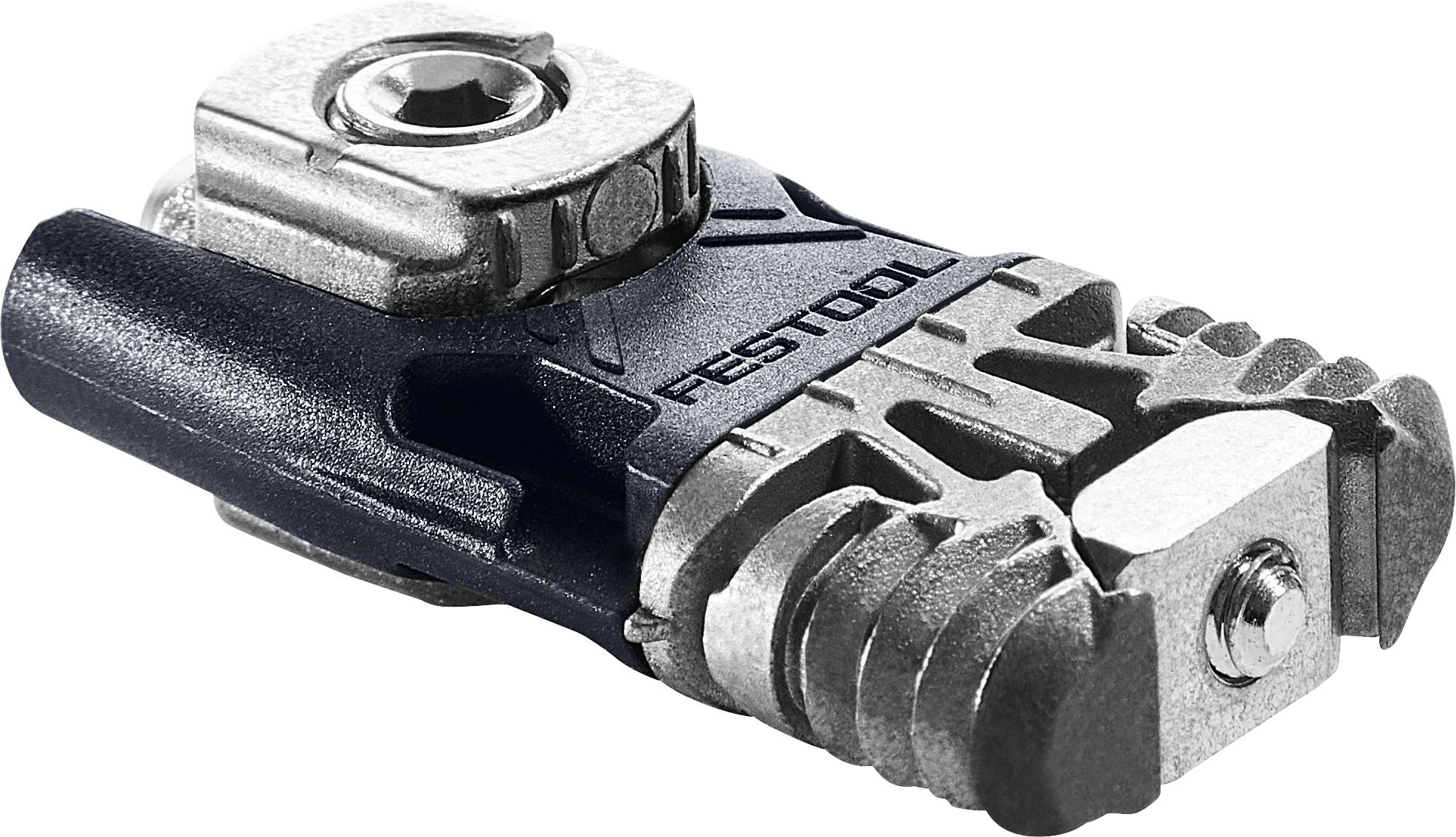 A metal piece with grooves and screws, labeled 'FESTOOL', appears to be a woodworking tool component.