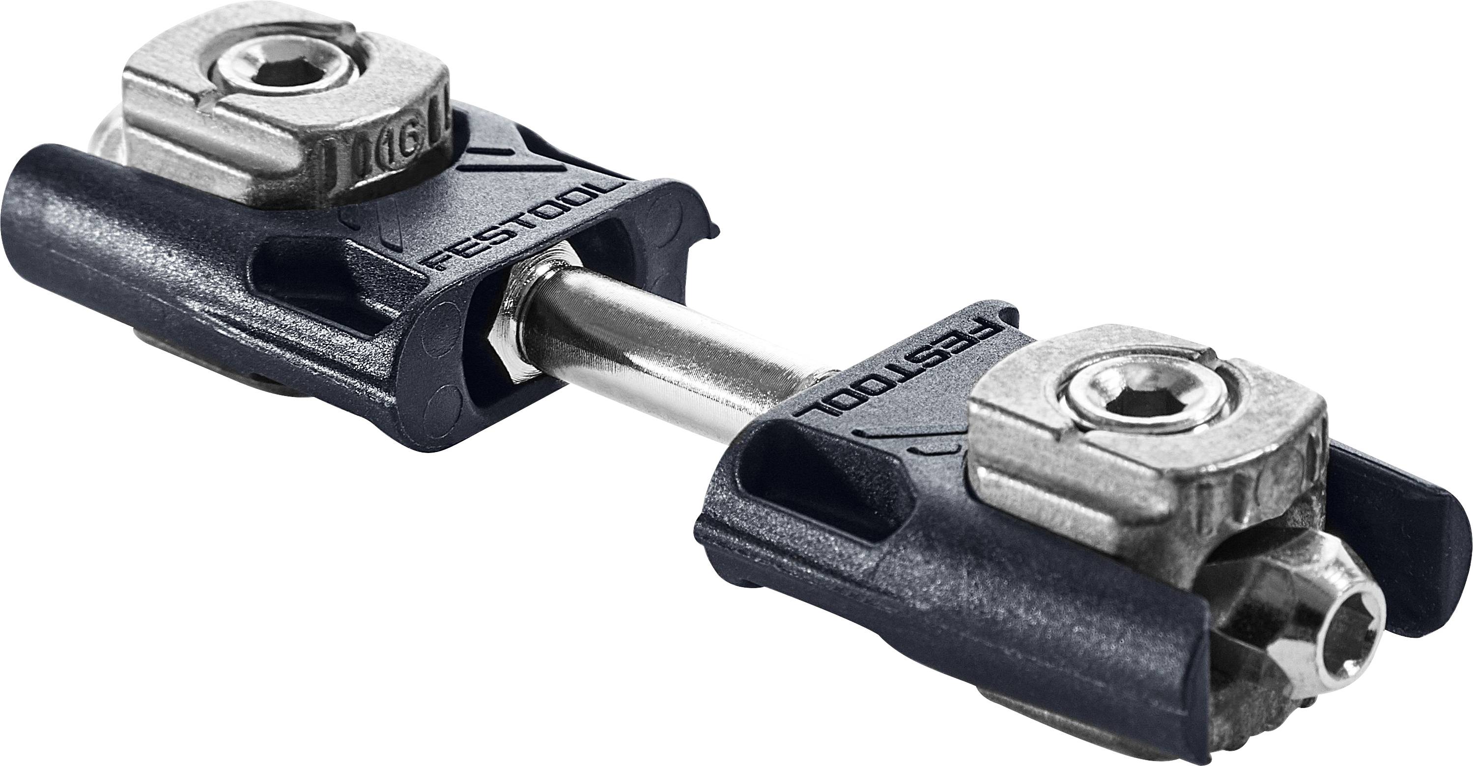 A metal connector tool with blue plastic holders on both ends, used for joining pipes or rods, labeled 'FESTOOL' on the handles.