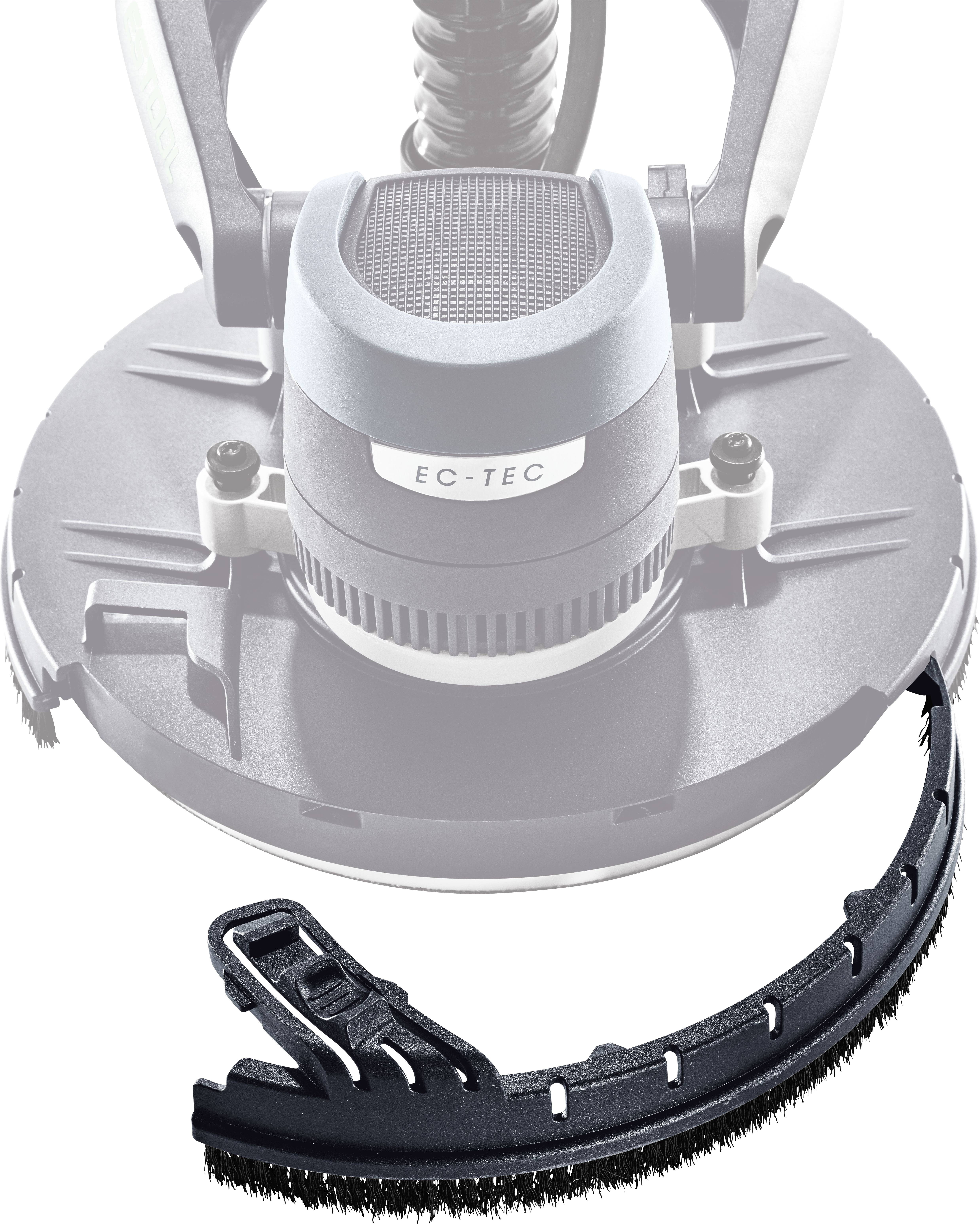 A large power sanding tool with a detachable brush attachment designed for efficient dust removal during sanding operations.