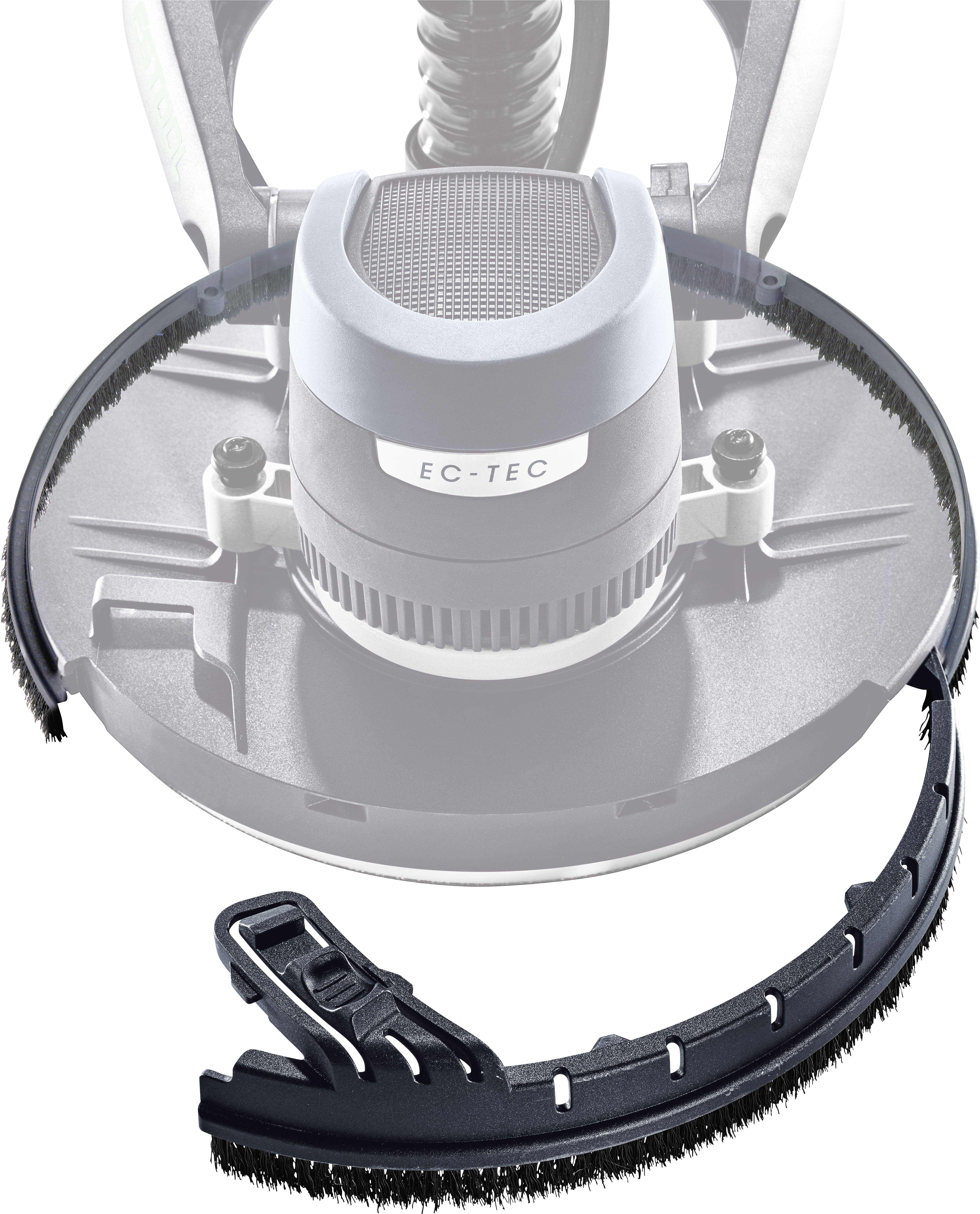 'EC-TEC' labeled power tool with a circular sanding pad and detachable brush ring accessory, used for sanding and dust collection.