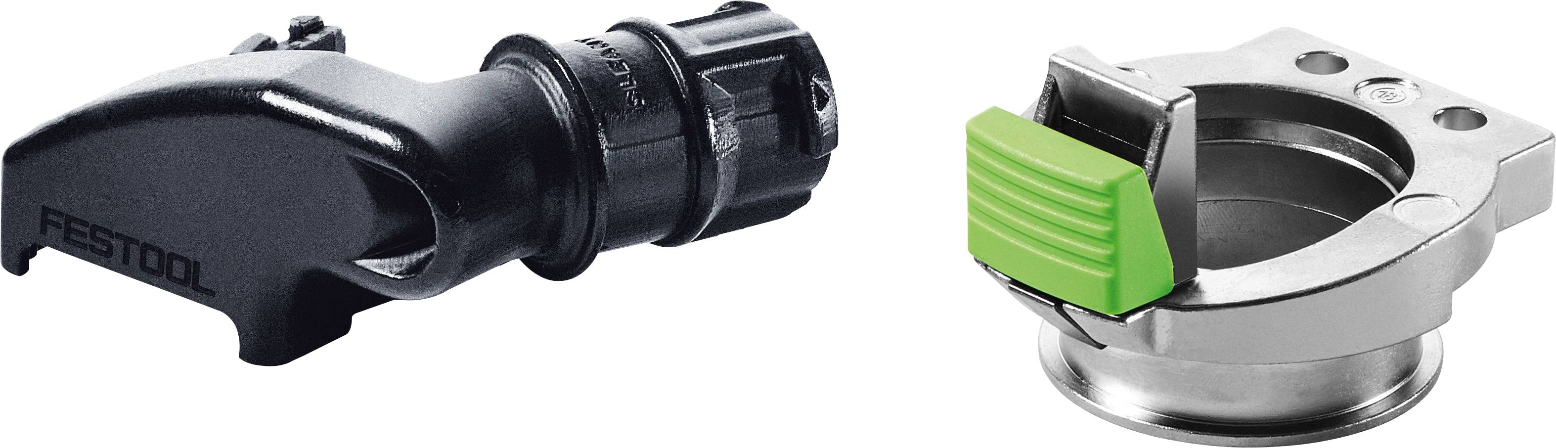 'Festool' branded black connector and a silver drill chuck with a green lever, likely components for a tool system, shown side by side.