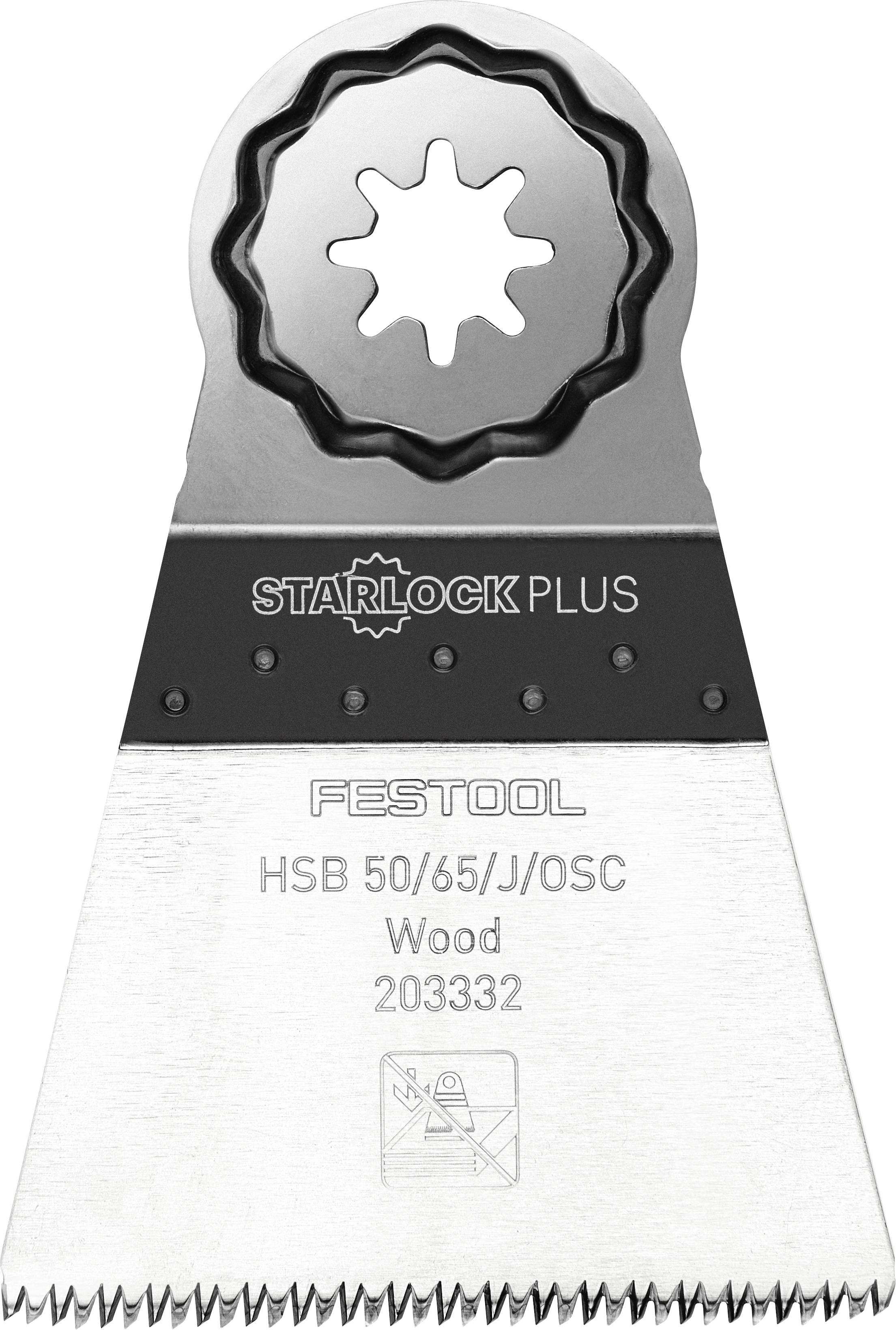 Festool HSB 50/65/J/OSC Starlock Plus wood cutting blade, model 203332 with a serrated edge and a star-shaped mounting hole.