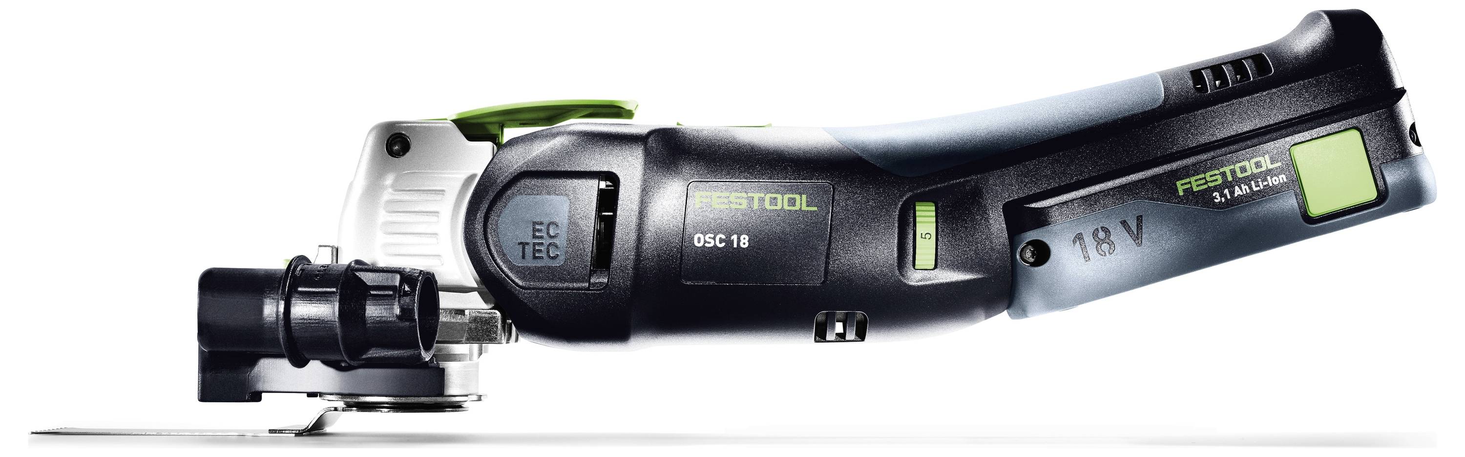 A Festool DSC 18 oscillating multitool with visible '18 V' and 'FESTOOL' branding, designed for precision cutting and sanding tasks.