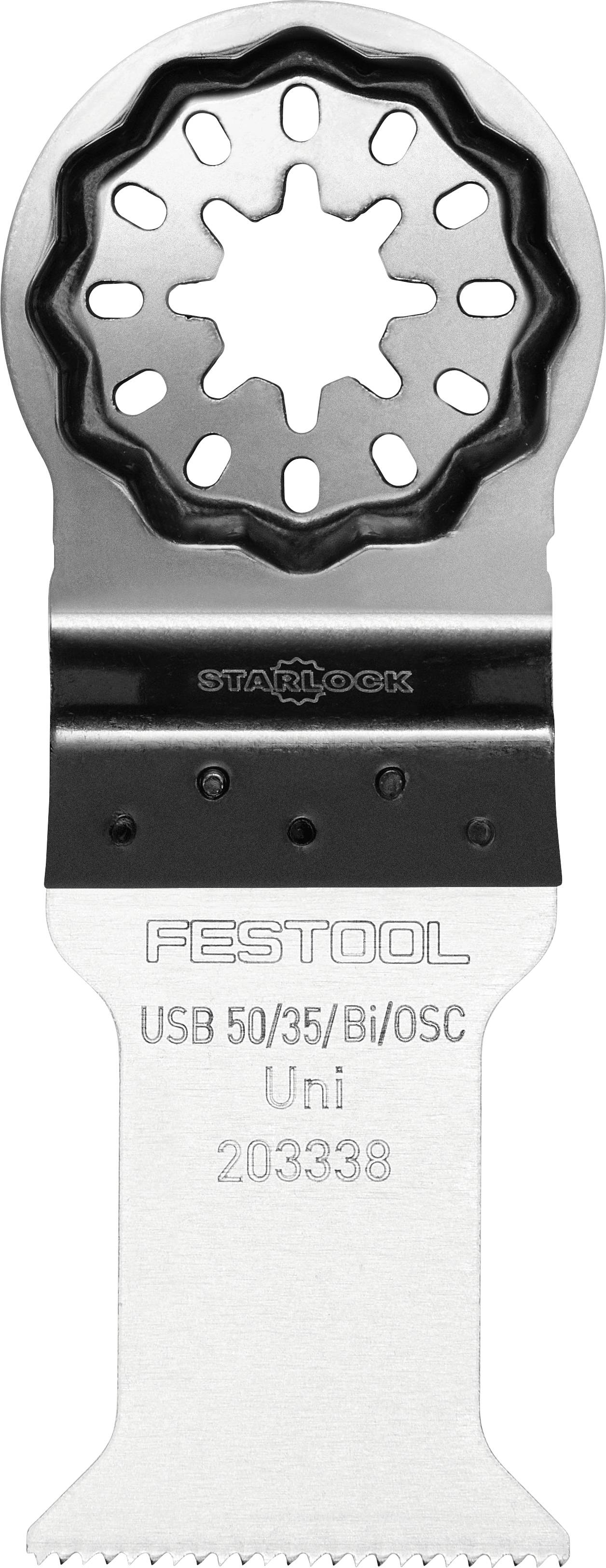 Oscillating saw blade with 'FESTOOL USB 50/35/Bi/OSC Uni 203338' labeled on it, featuring a star-shaped attachment design.