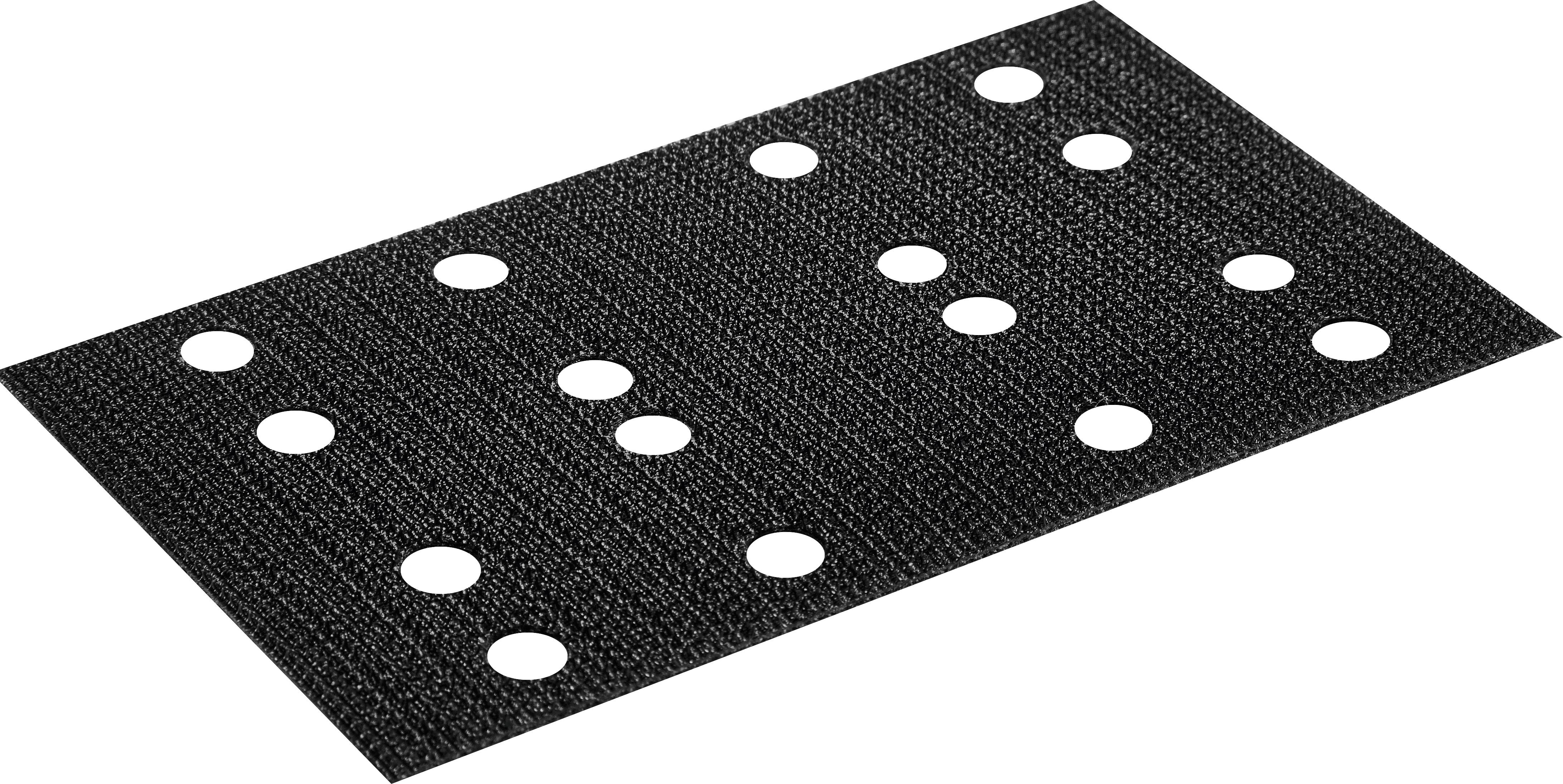 A black perforated sanding pad with multiple holes arranged in a grid pattern, used for sanding applications.