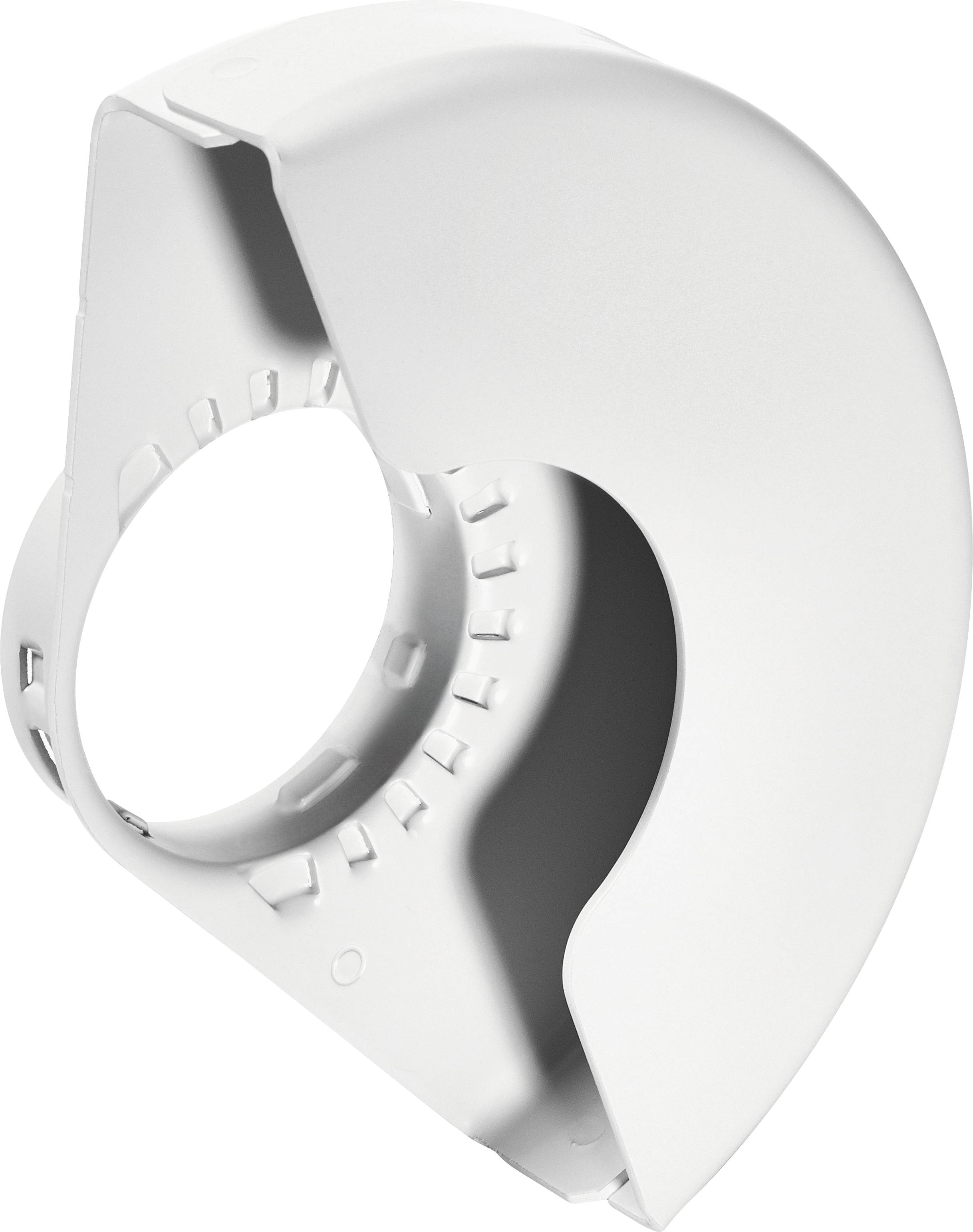 A white plastic attachment or guard with a circular opening and notched texture, used for a specific tool or device.