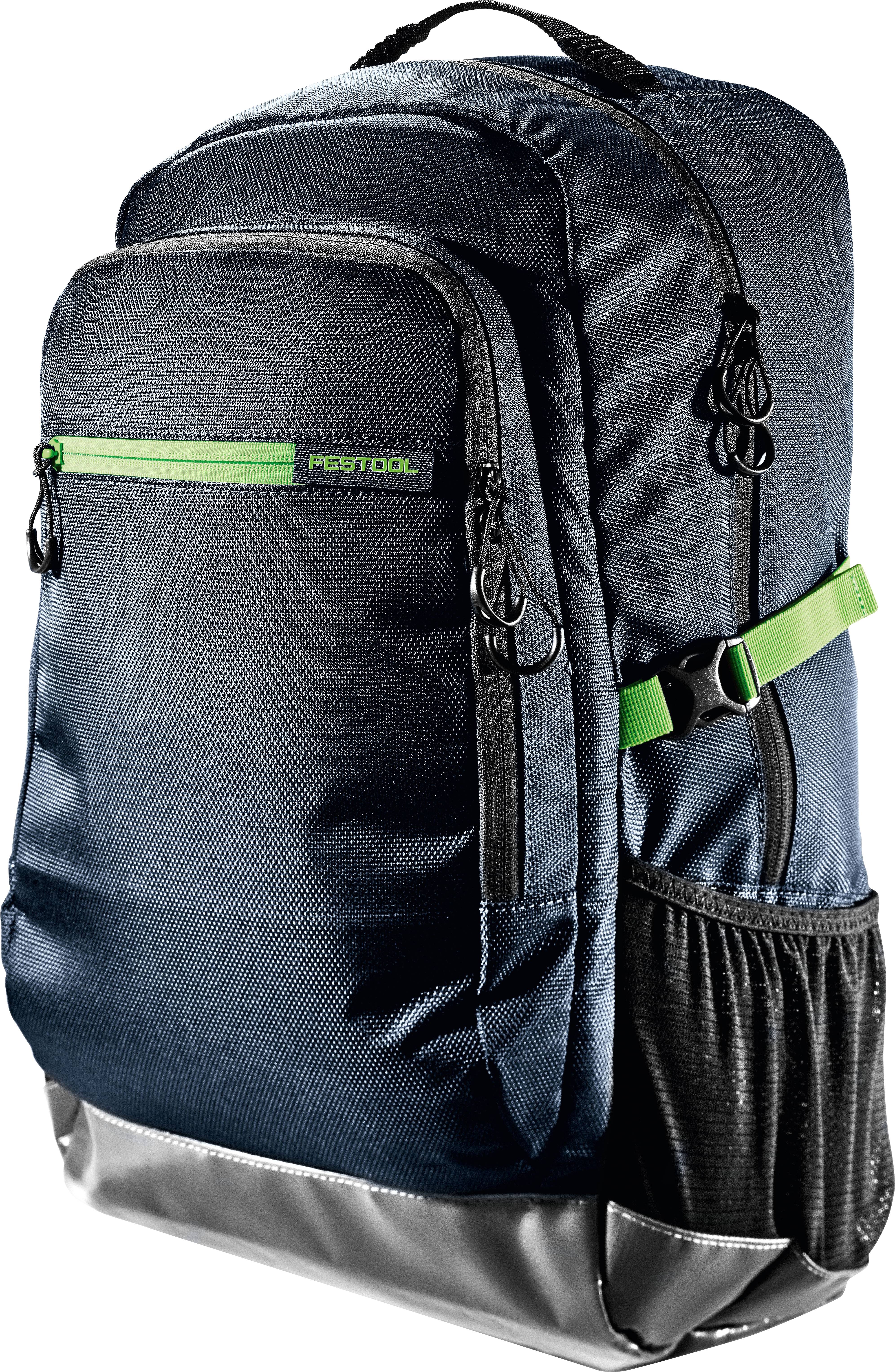 A black and gray backpack with green accents features multiple compartments, a front zipper pocket, and side mesh pocket for drink storage.