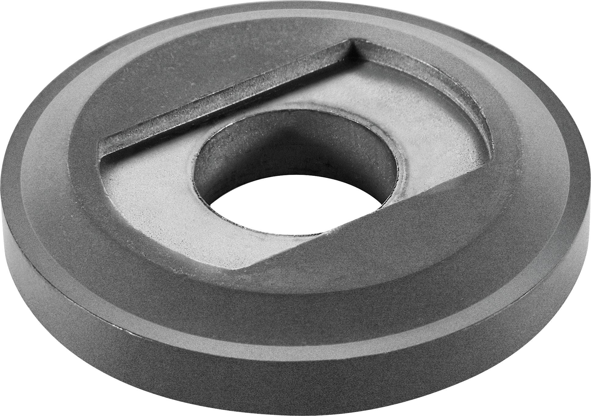 A gray round metal carburetor throttle plate with a central hole and a slanted slot, used in vehicles to control engine air flow.