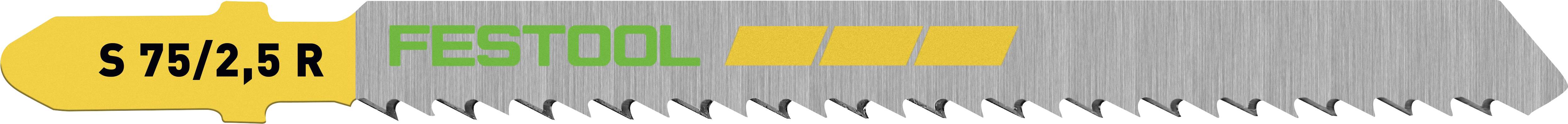 A jigsaw blade labeled 'S 75/2.5 R,' branded 'Festool,' with a yellow and gray design, featuring sharp teeth for cutting.