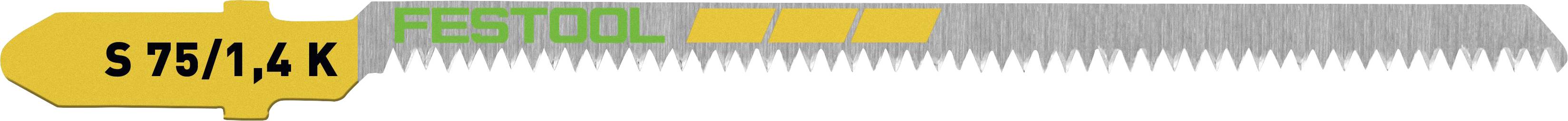 A saw blade marked 'S 75/4, K' with yellow and green Festool branding on the handle, featuring fine, sharp teeth for cutting.