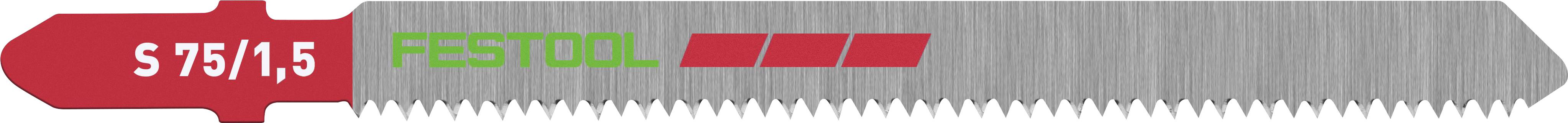 A Festool jigsaw blade labeled 'S 75/4,5' with sharp teeth, designed for cutting materials with precision.