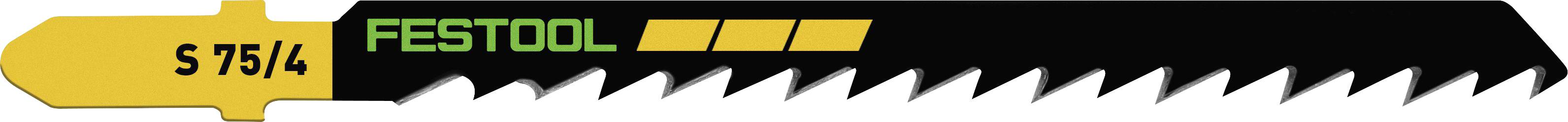 A Festool jigsaw blade with 'S 75/4' model number, black with a yellow and green label, featuring sharp, pointed teeth.