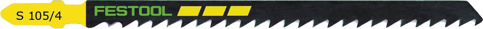 A jigsaw blade labeled 'Festool S 105/4' with yellow and green branding, showing a series of sharp teeth along the bottom edge.