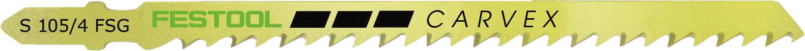 A yellow jigsaw blade labeled 'Festool Carvex S 105/4 FSG,' featuring sharp teeth, designed for cutting materials with precision.