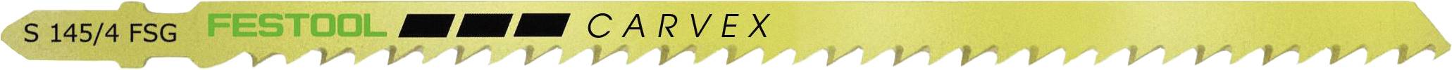 A yellow jigsaw blade labeled 'S 75/4 FSG FESTOOL CARVEX' featuring wavy, sharp teeth designed for precision cutting.