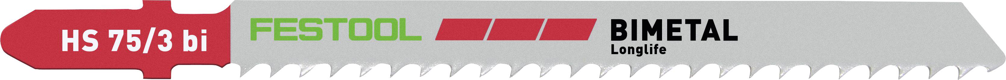 A red and silver jigsaw blade labeled 'HS 75/3 bi', 'FESTOOL', and 'BIMETAL Longlife' in green and black text.