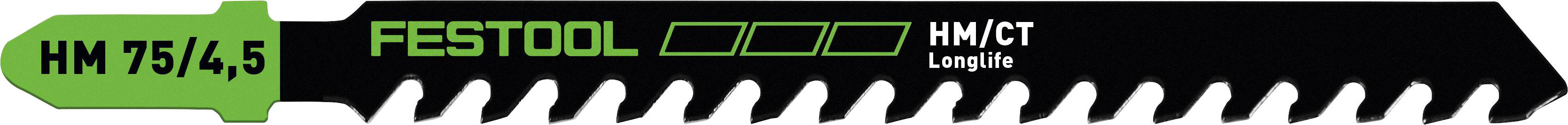 'Festool HM 75/4.5 HMC/T Longlife' jigsaw blade with a green and black design featuring a row of sharp teeth.