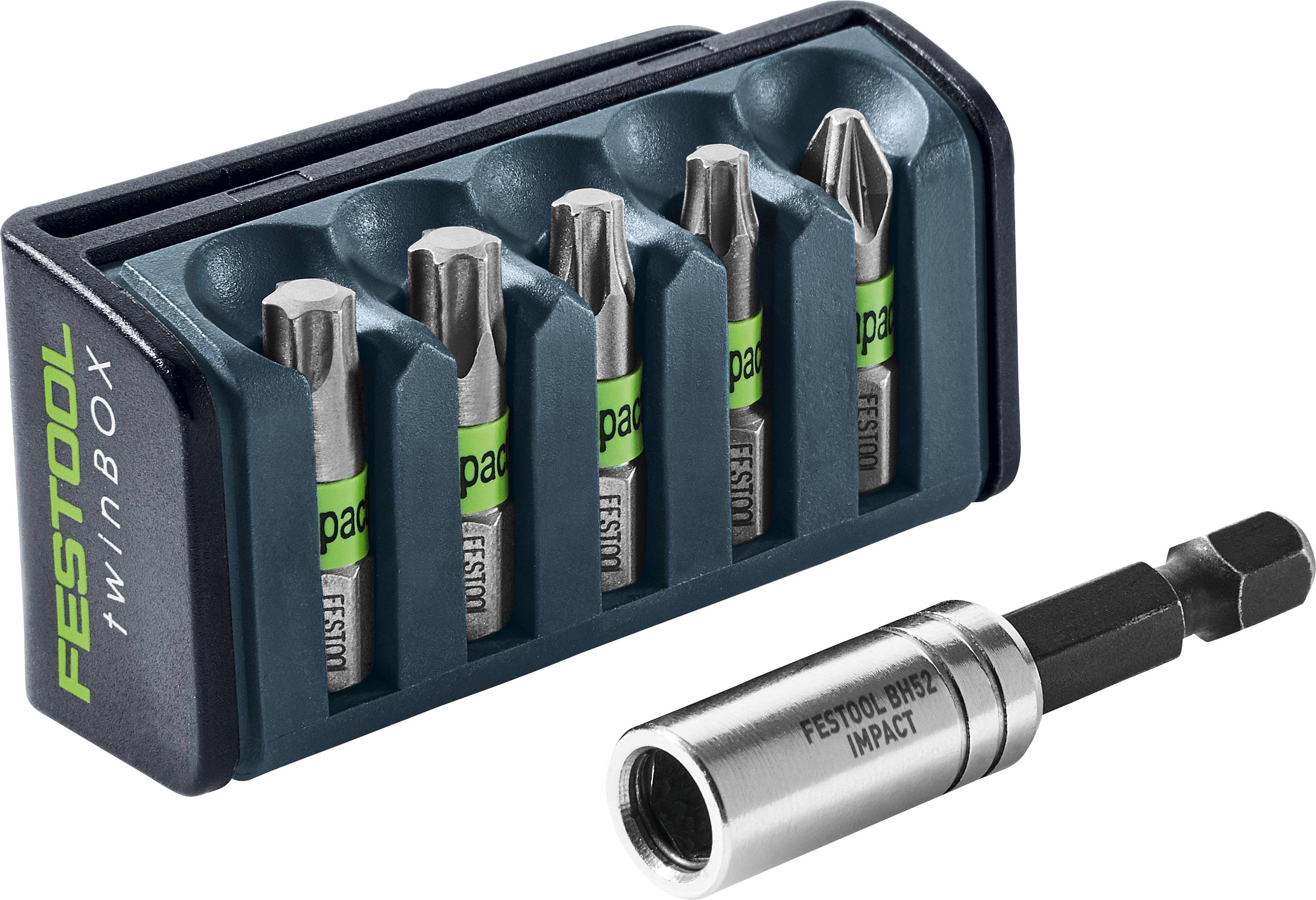 A set of five screwdriver bits in a Festool box with an additional magnetic bit holder in front.