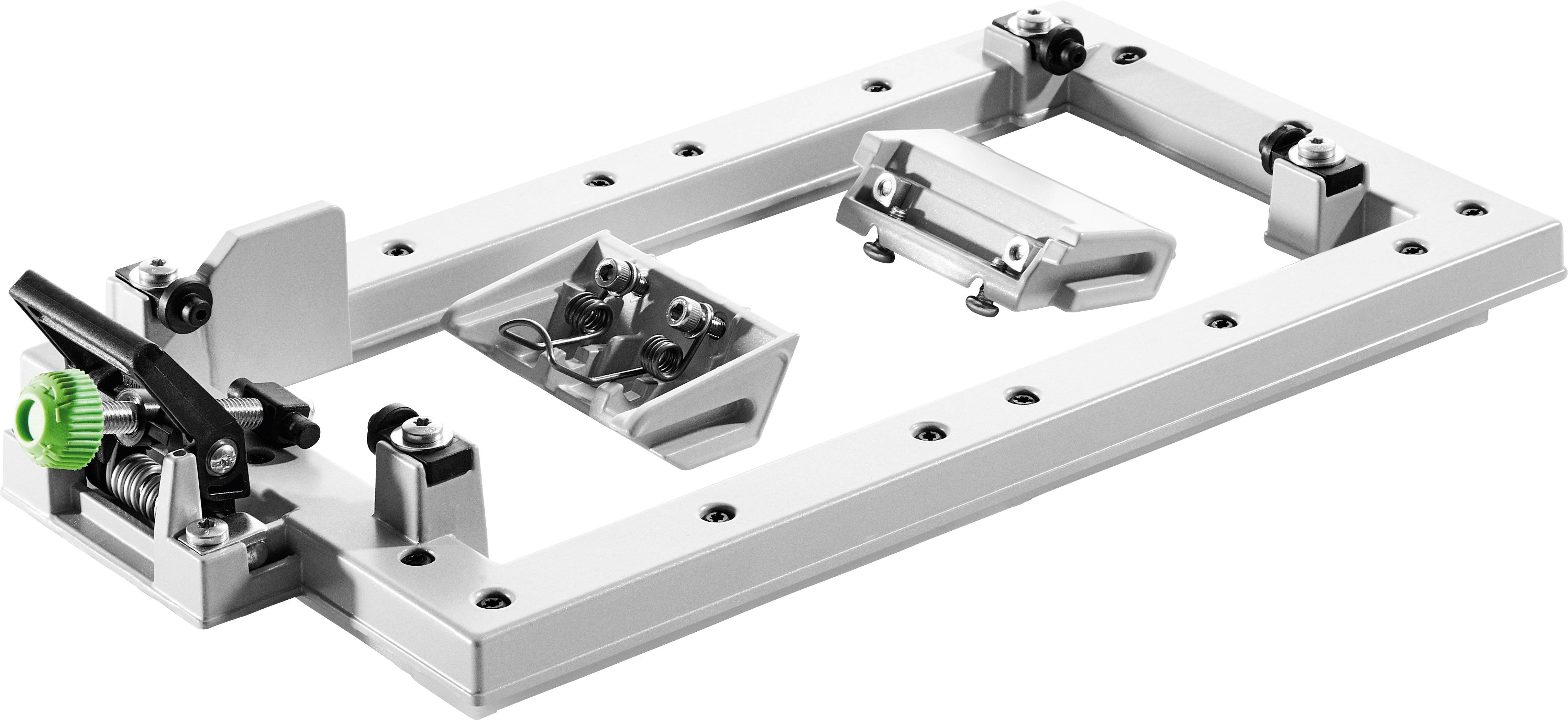A metal frame with various mechanical components, including springs and adjustment knobs, likely used for equipment alignment or support.