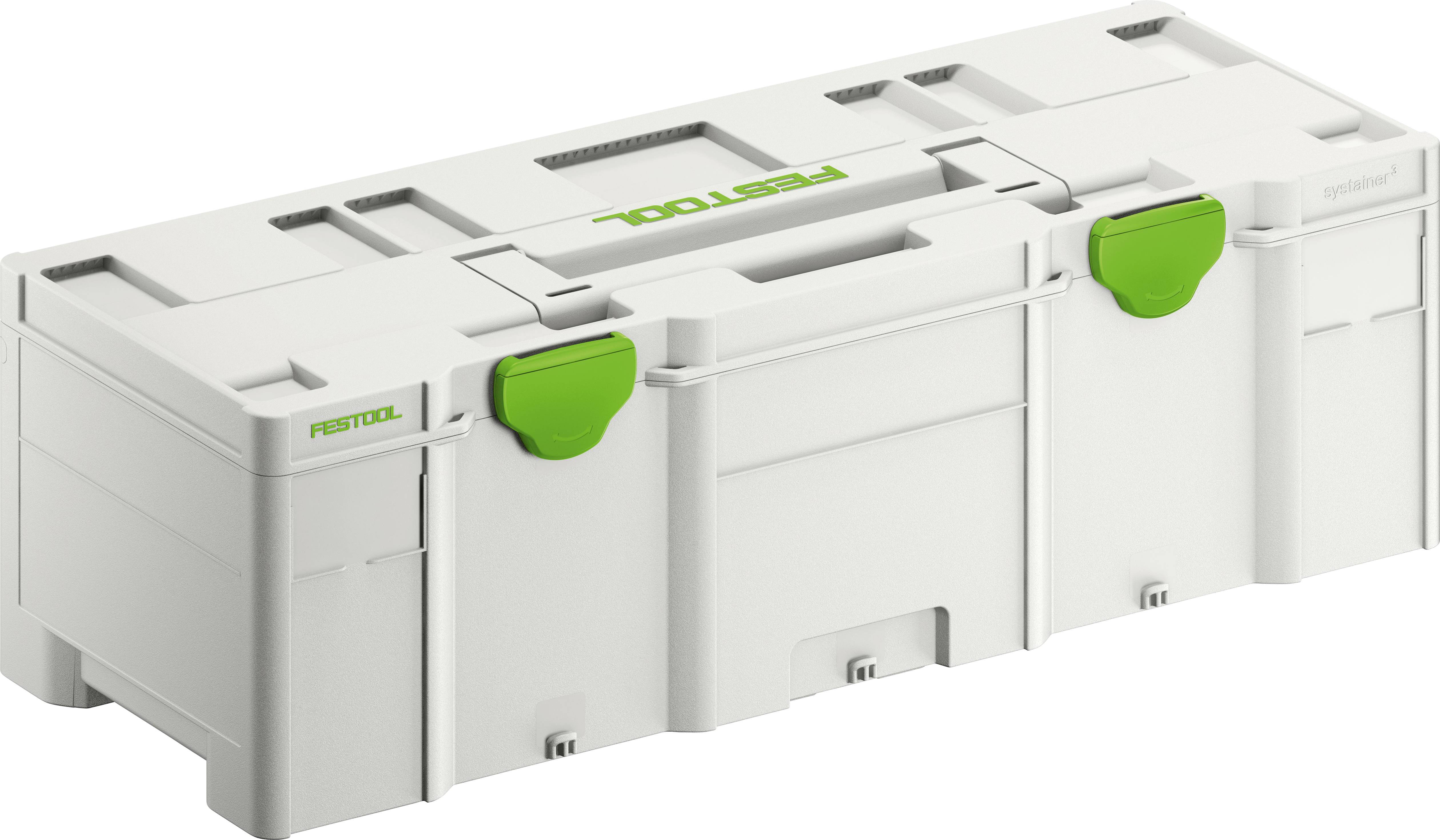 White Festool tool storage box with green latches and a handle on top, used for organizing and transporting tools.