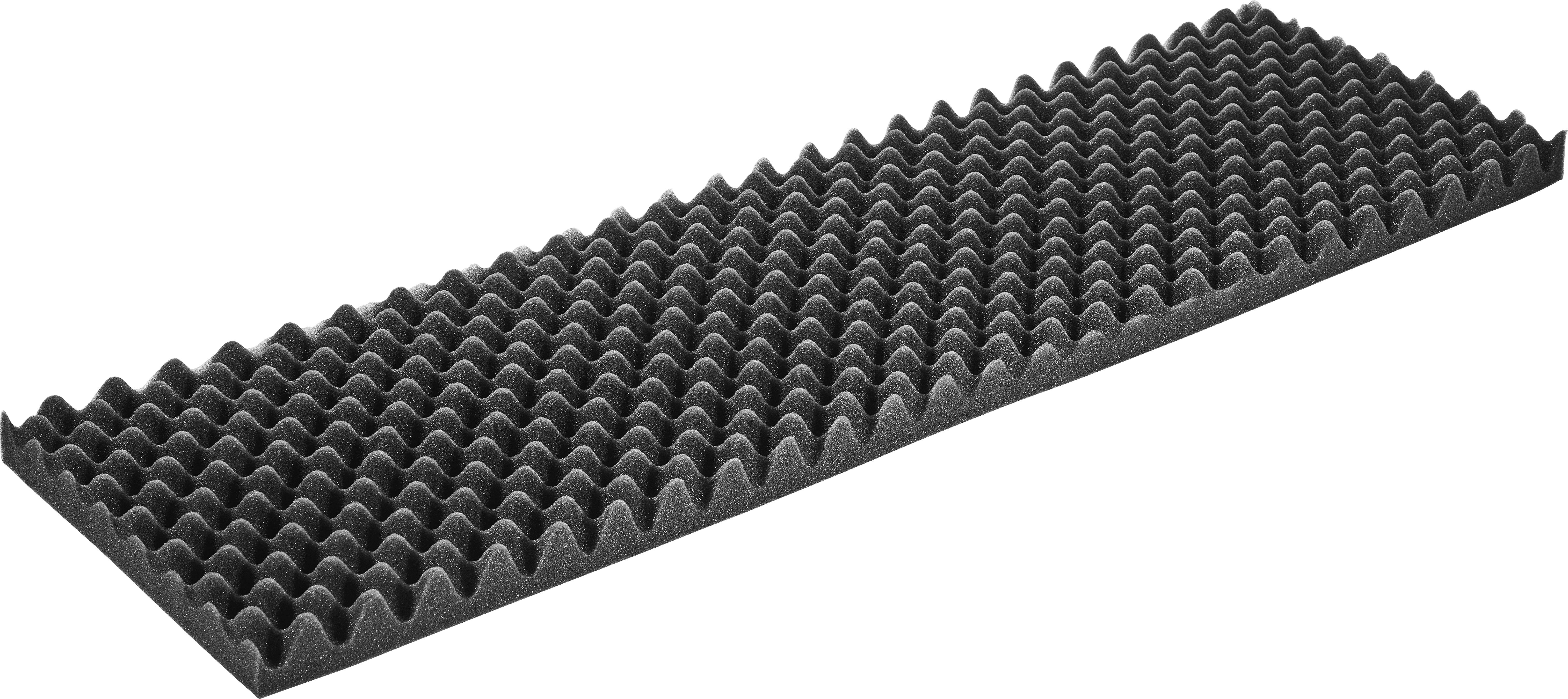 Black acoustic foam panel with pyramid-shaped surface, used to reduce sound reflections and improve acoustics in rooms.