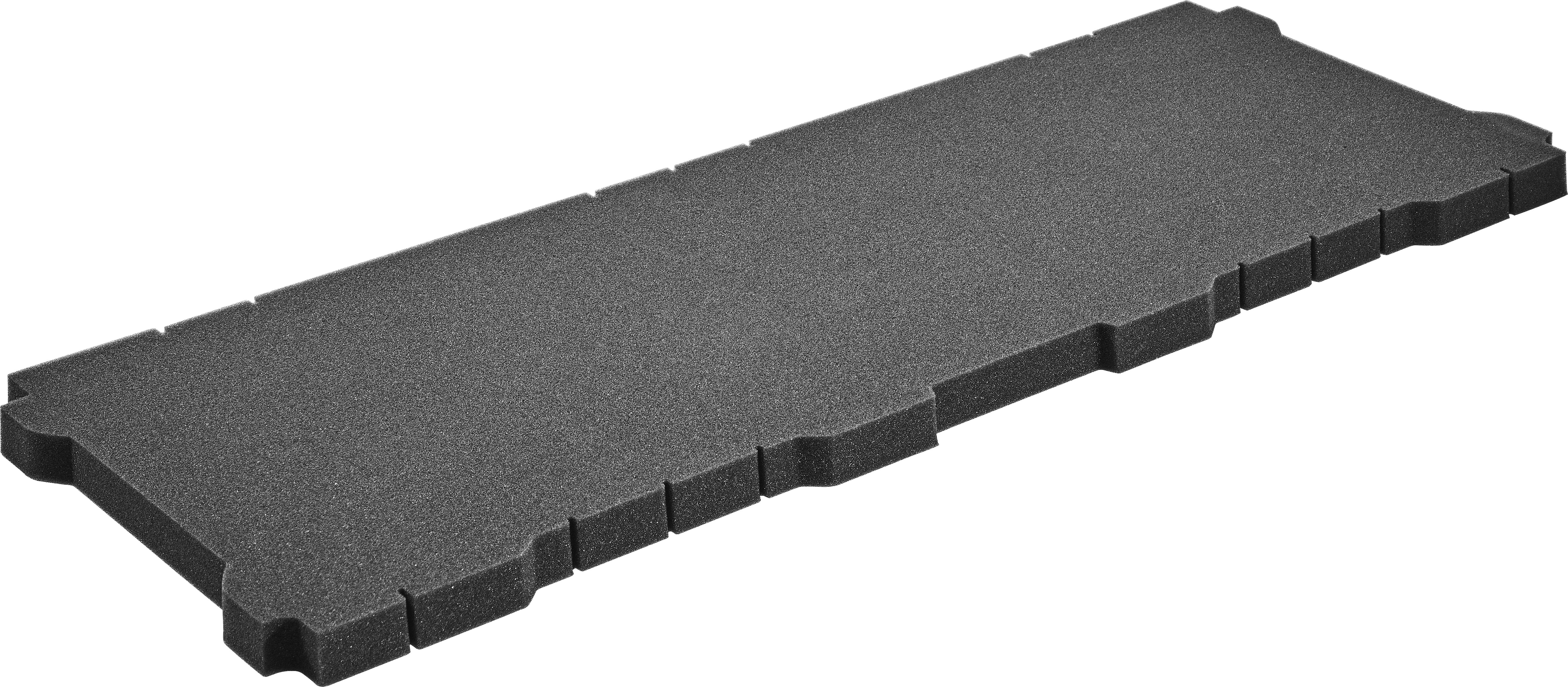 A rectangular black foam panel with grooved edges and varying thickness, used for soundproofing or to protect items during transport.