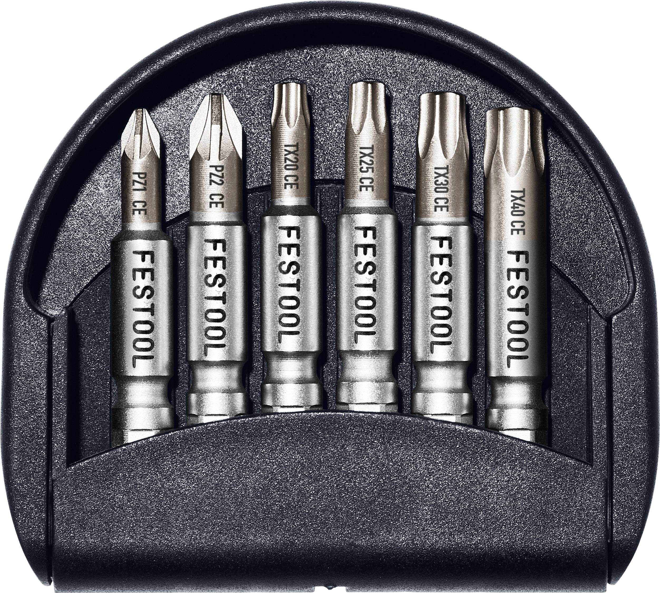 'Festool' screwdriver bit set with six different types organized in a black holder, designed for a variety of fastening tasks.